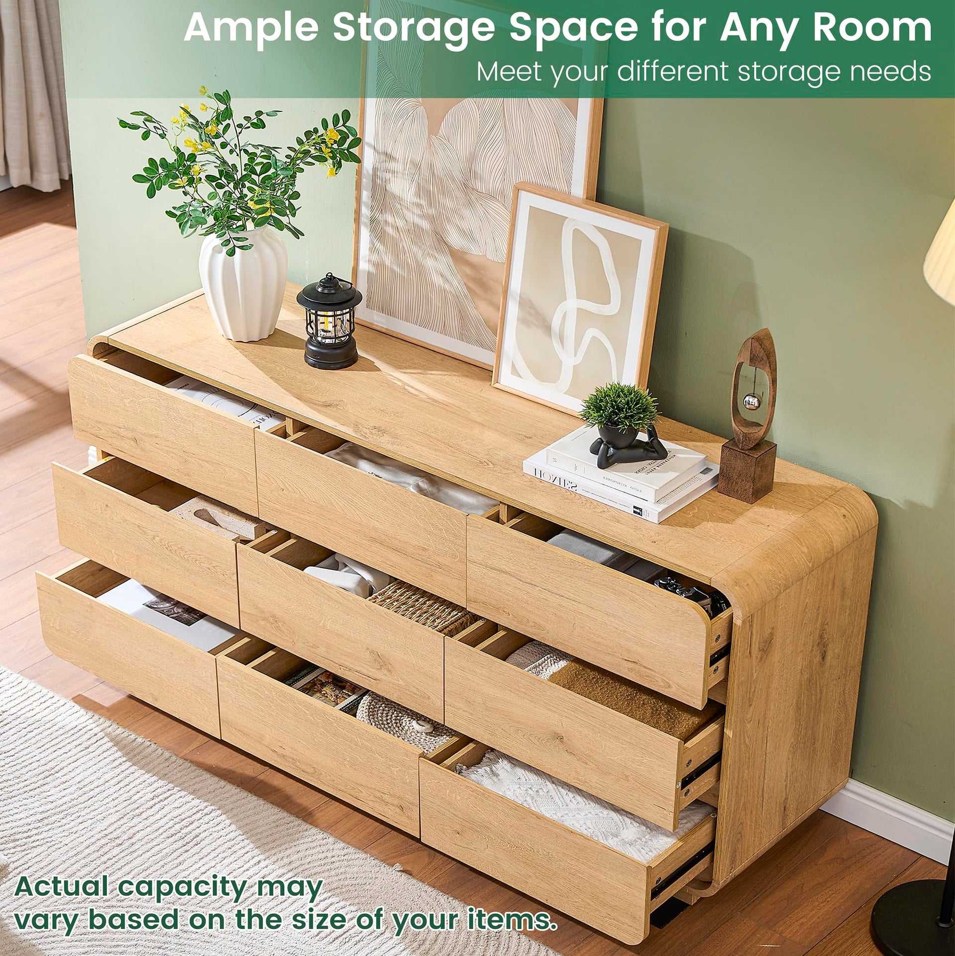 Natural Dresser for Bedroom with 9 Drawers