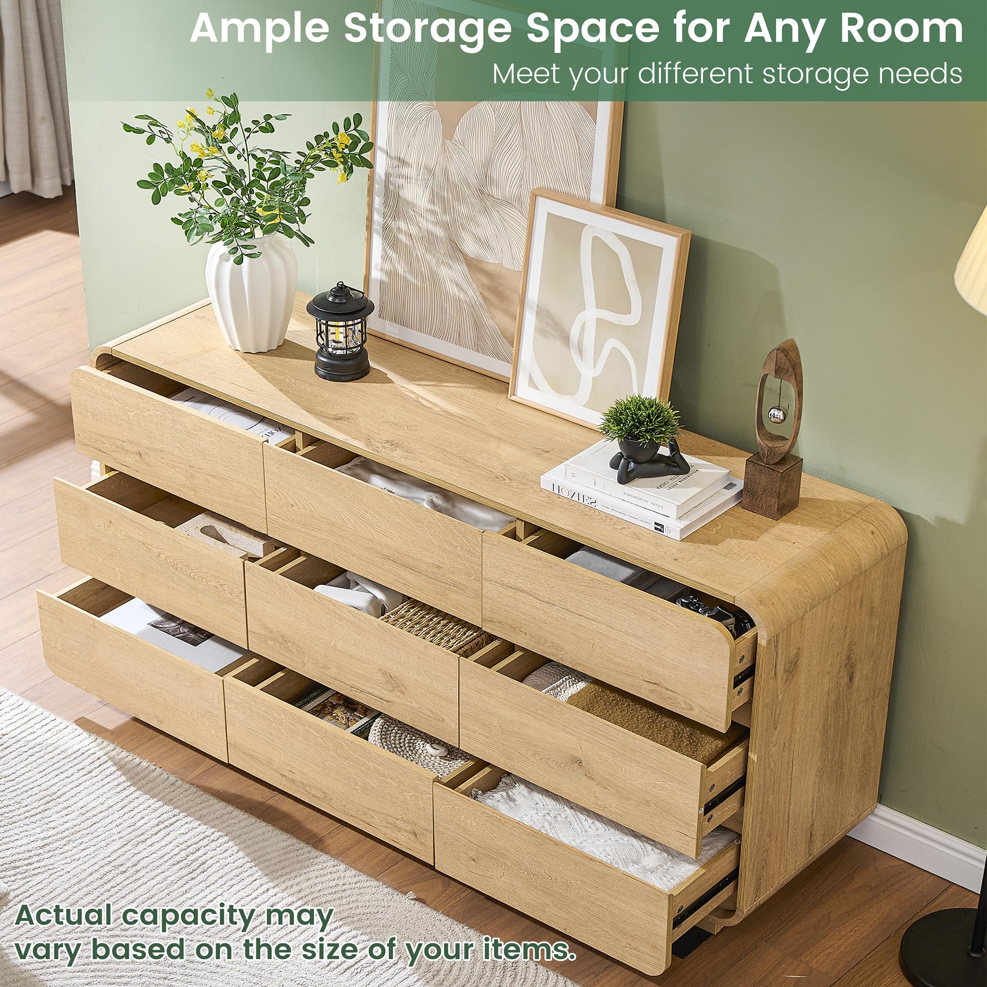 Natural Dresser for Bedroom with 9 Drawers