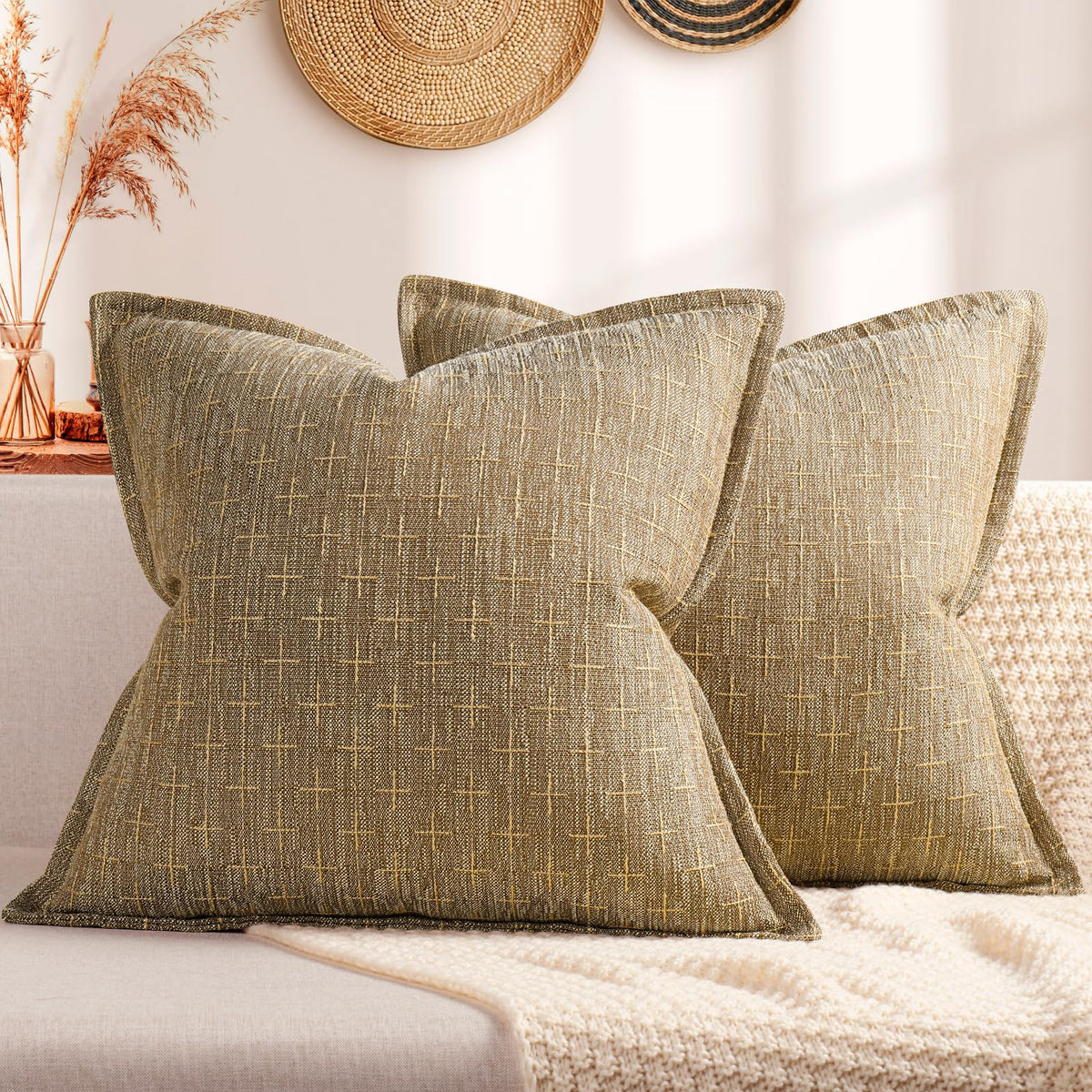 Pillow Covers 20x20 Set of 2 Soft Polyester Textured Pillow Covers with Stylish Flange Edge Cozy Farmhouse Throw Pillows for Couch Bed Sofa Living Room (2 Count)