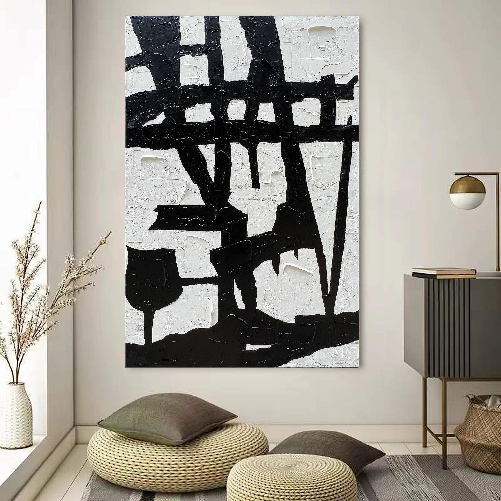 Hand Painted Black and White Wall Art Minimalist Black and White Abstract Painting Large Oil on Canvas Texture Wall Art 45x30 inches
