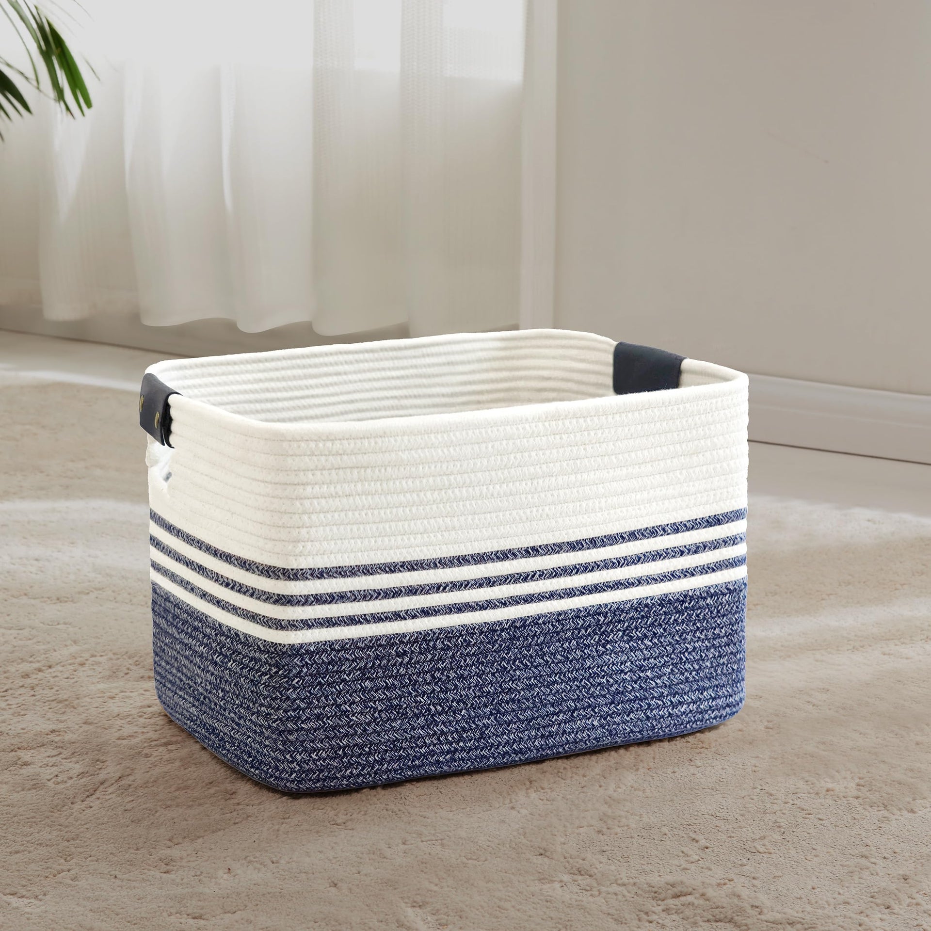 45L Woven Laundry Basket Hamper with Leather Handles
