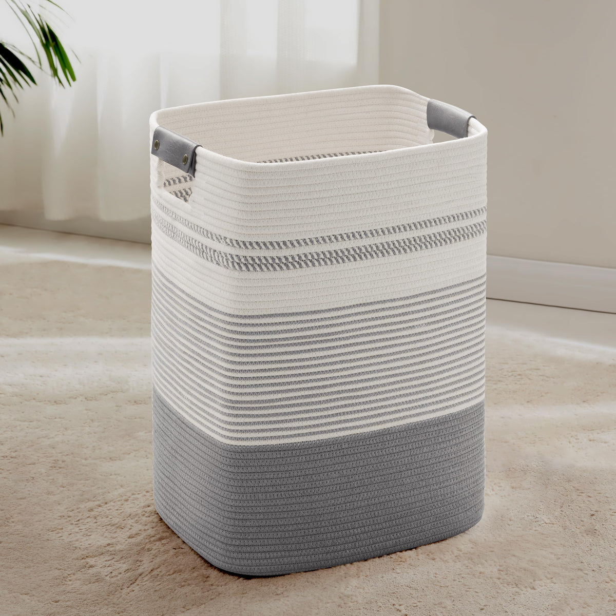 75L Tall Woven Laundry Basket Hamper with Leather Handles
