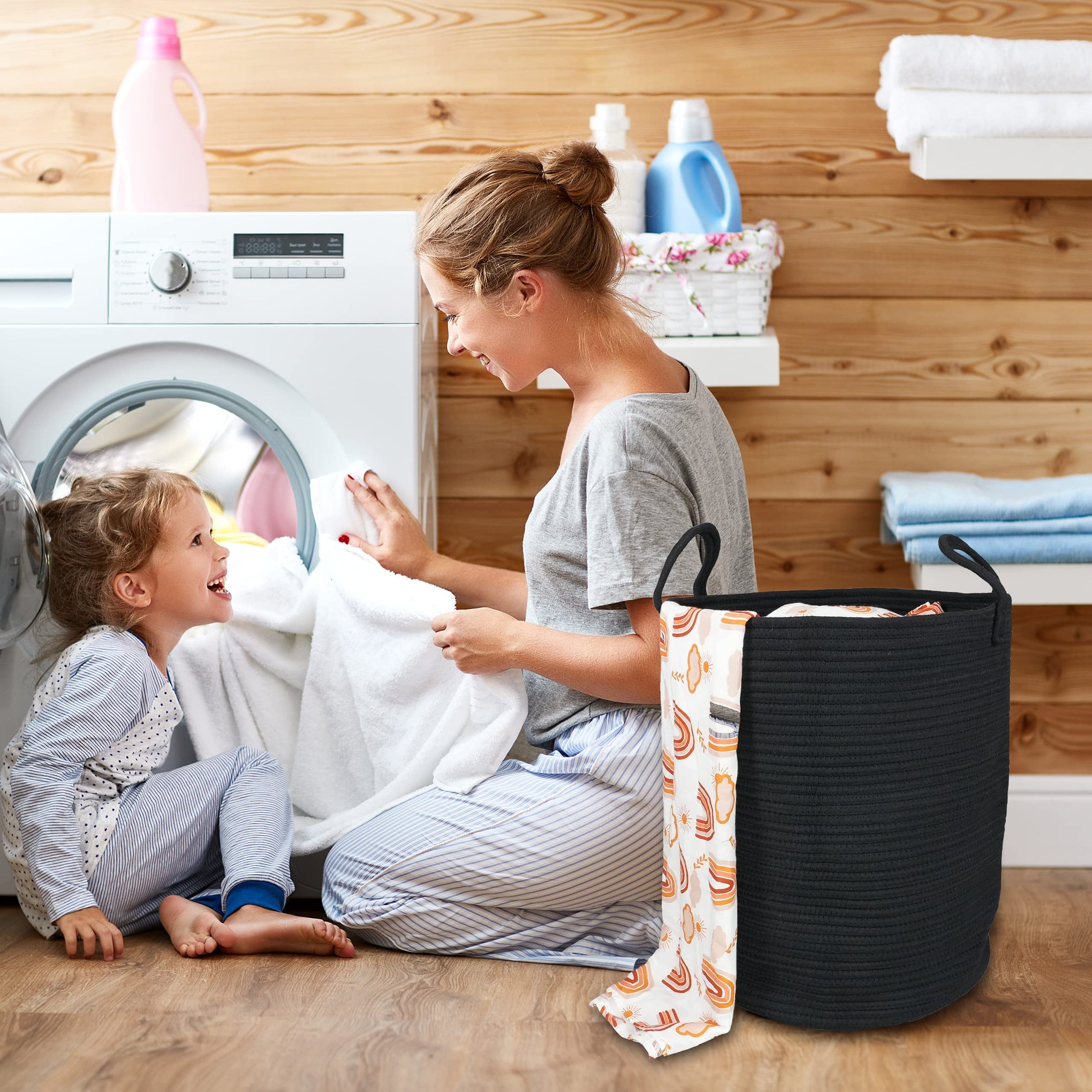 Black Cotton Rope Laundry Basket Hamper for Clothes Large