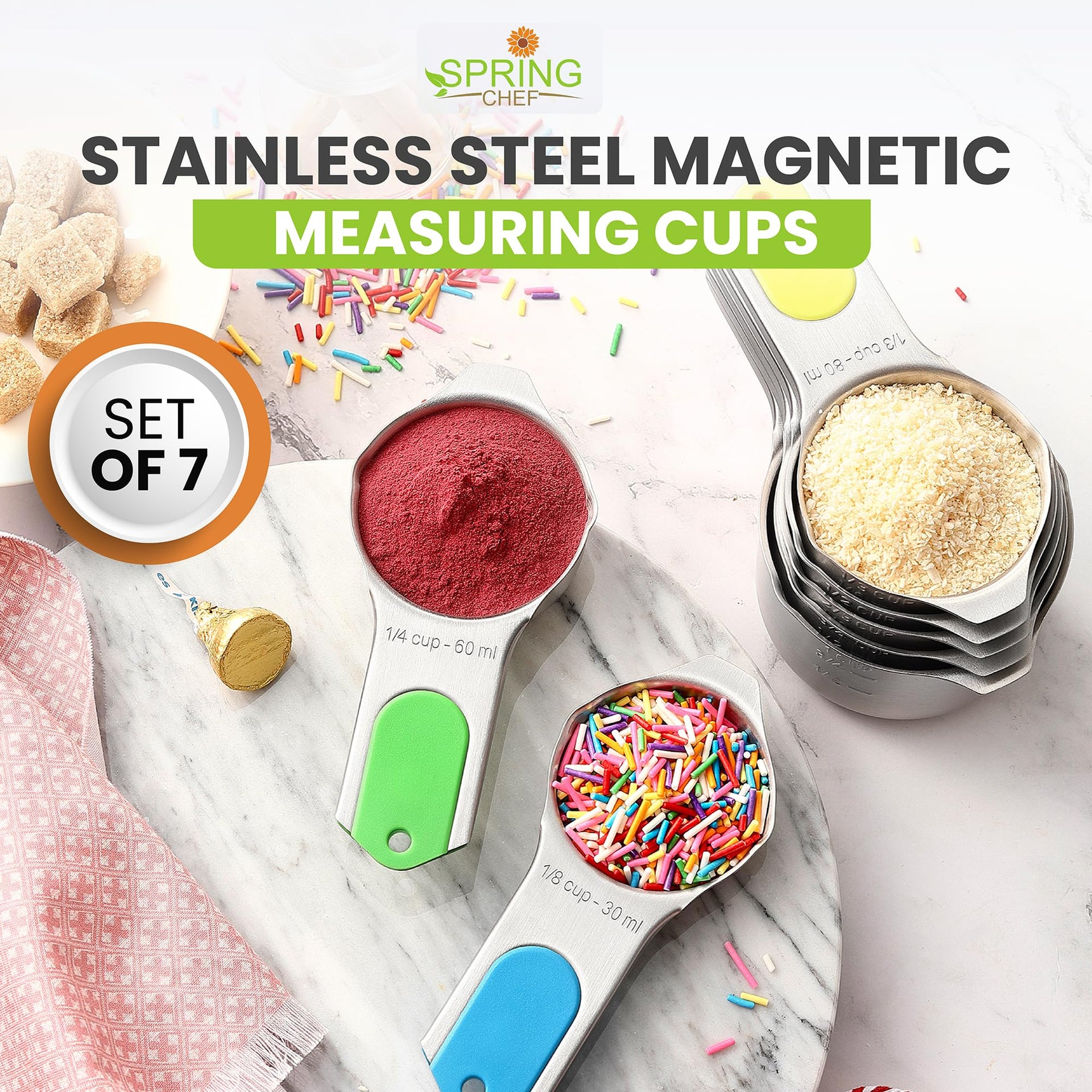 Magnetic Stainless Steel Measuring Cups Set of 7 Patented (7 Count)