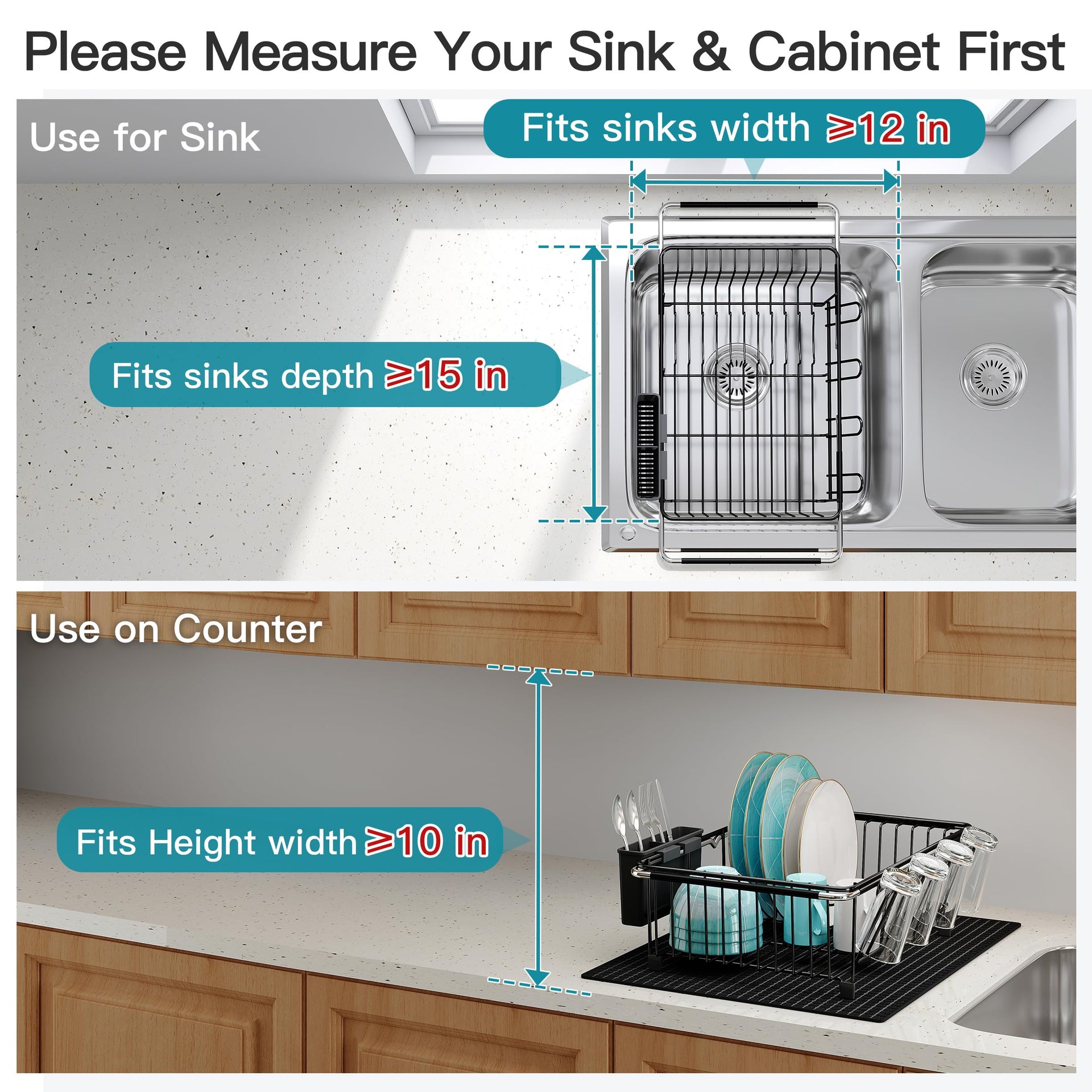 Black Dish Drying Rack in Sink with Mat