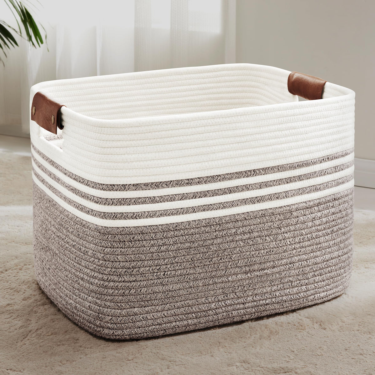100L Woven Laundry Basket Hamper with Leather Handles