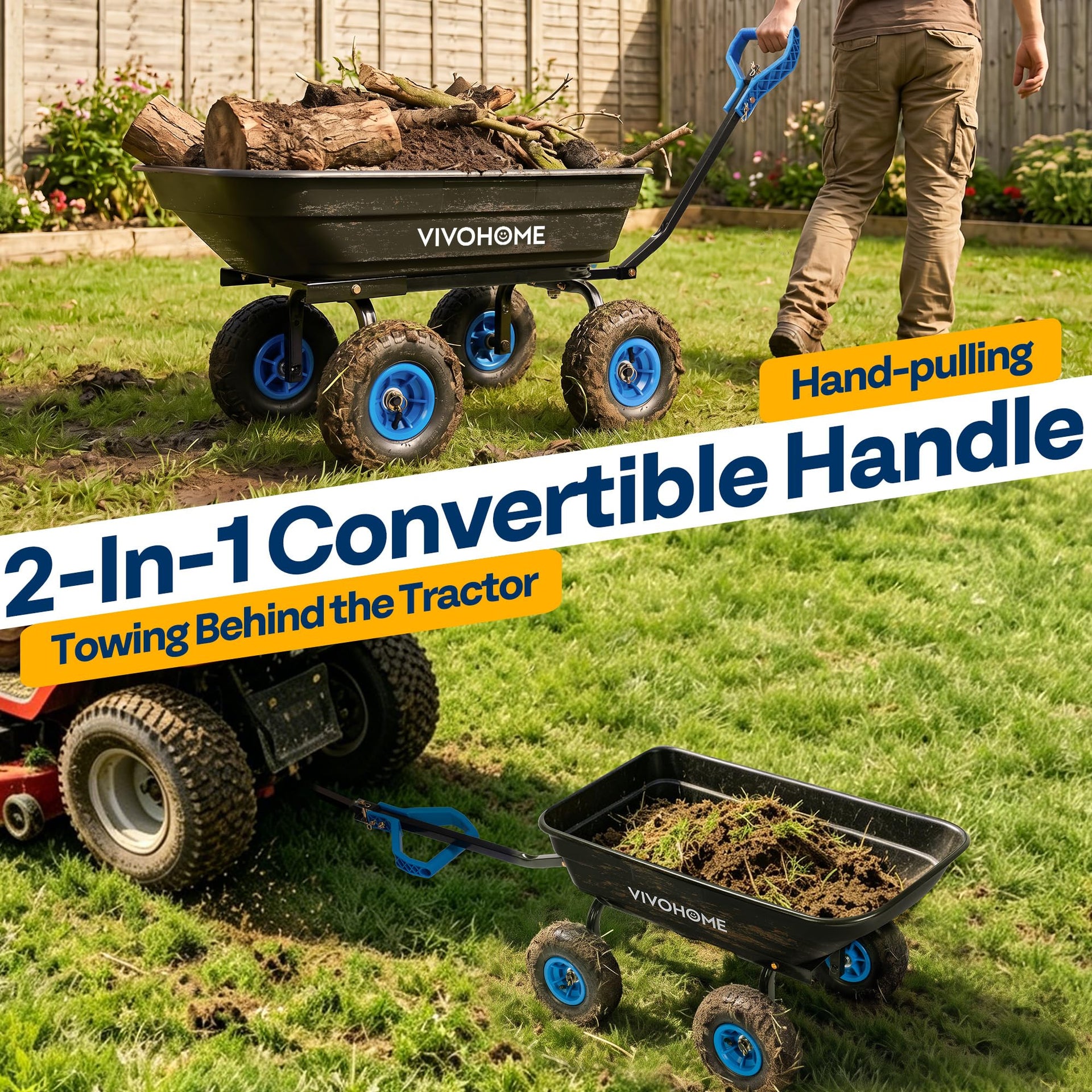 660lbs Wheelbarrow Dump Garden Cart with 2