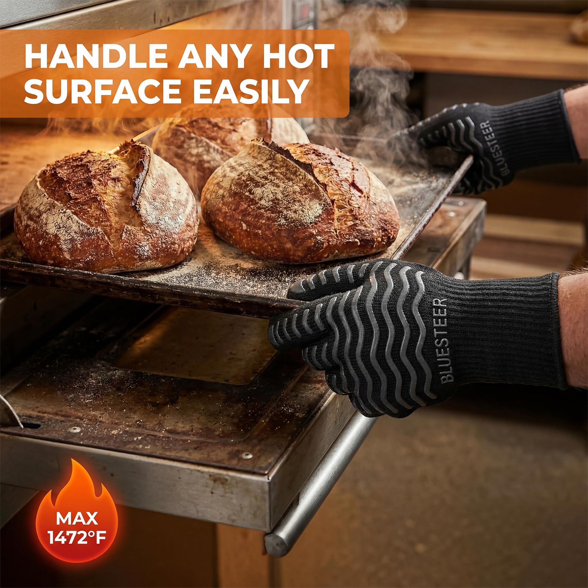 BBQ Gloves 1472°F Heat Resistant Oven Gloves with Fingers Heat Proof Grill Gloves Non (9.6 Ounce)