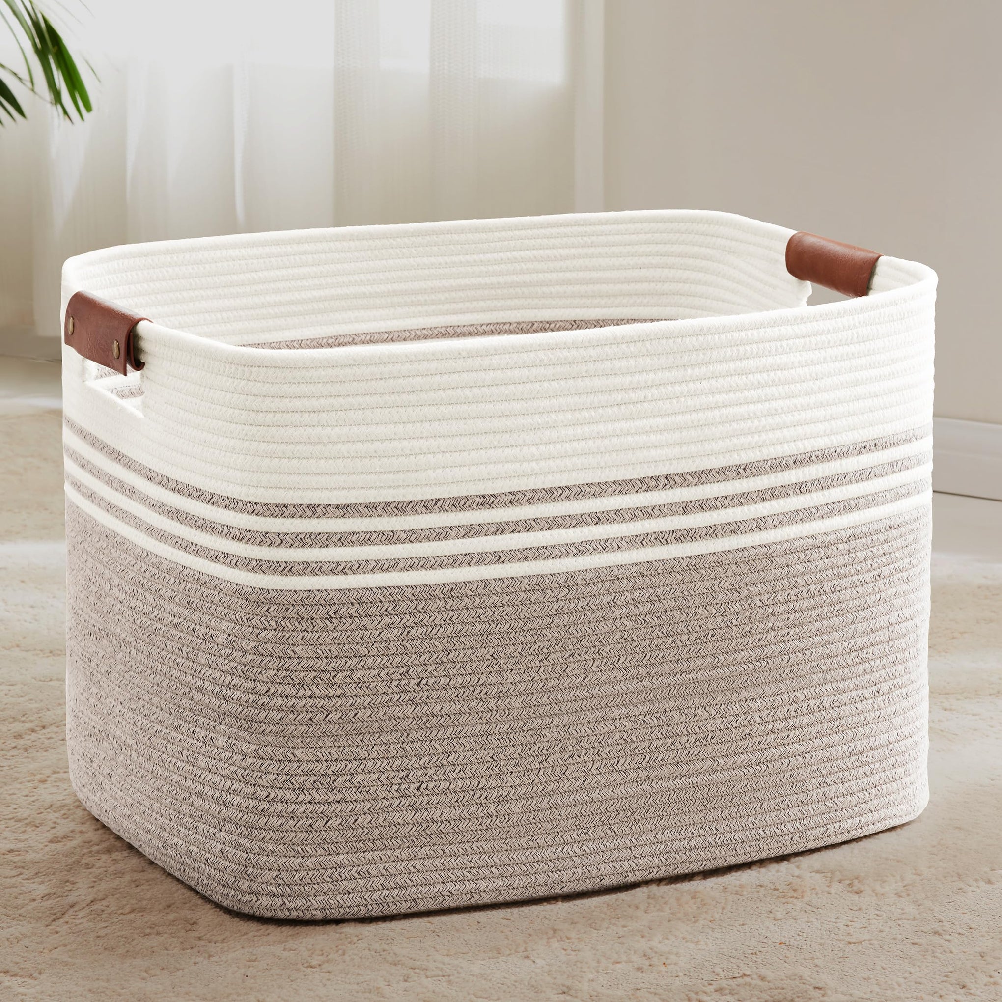 100L Large Woven Laundry Basket Hamper with Leather Handles