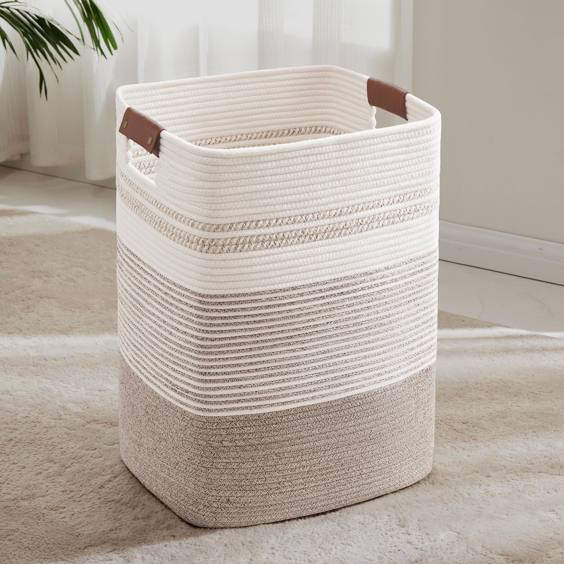 75L Tall Woven Laundry Basket Hamper with Leather Handles