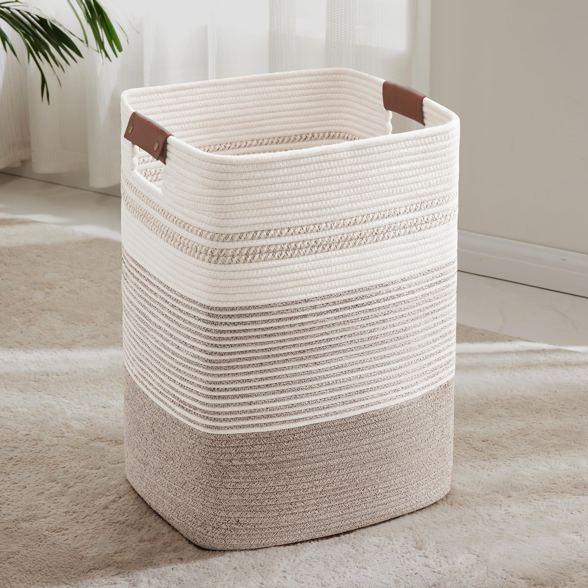 75L Tall Woven Laundry Basket Hamper with Leather Handles