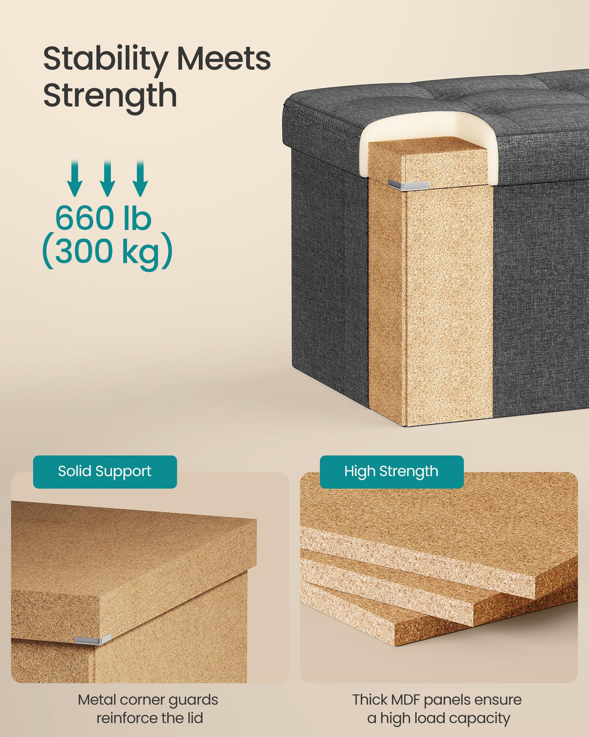 30 Inches Folding Storage Ottoman Bench