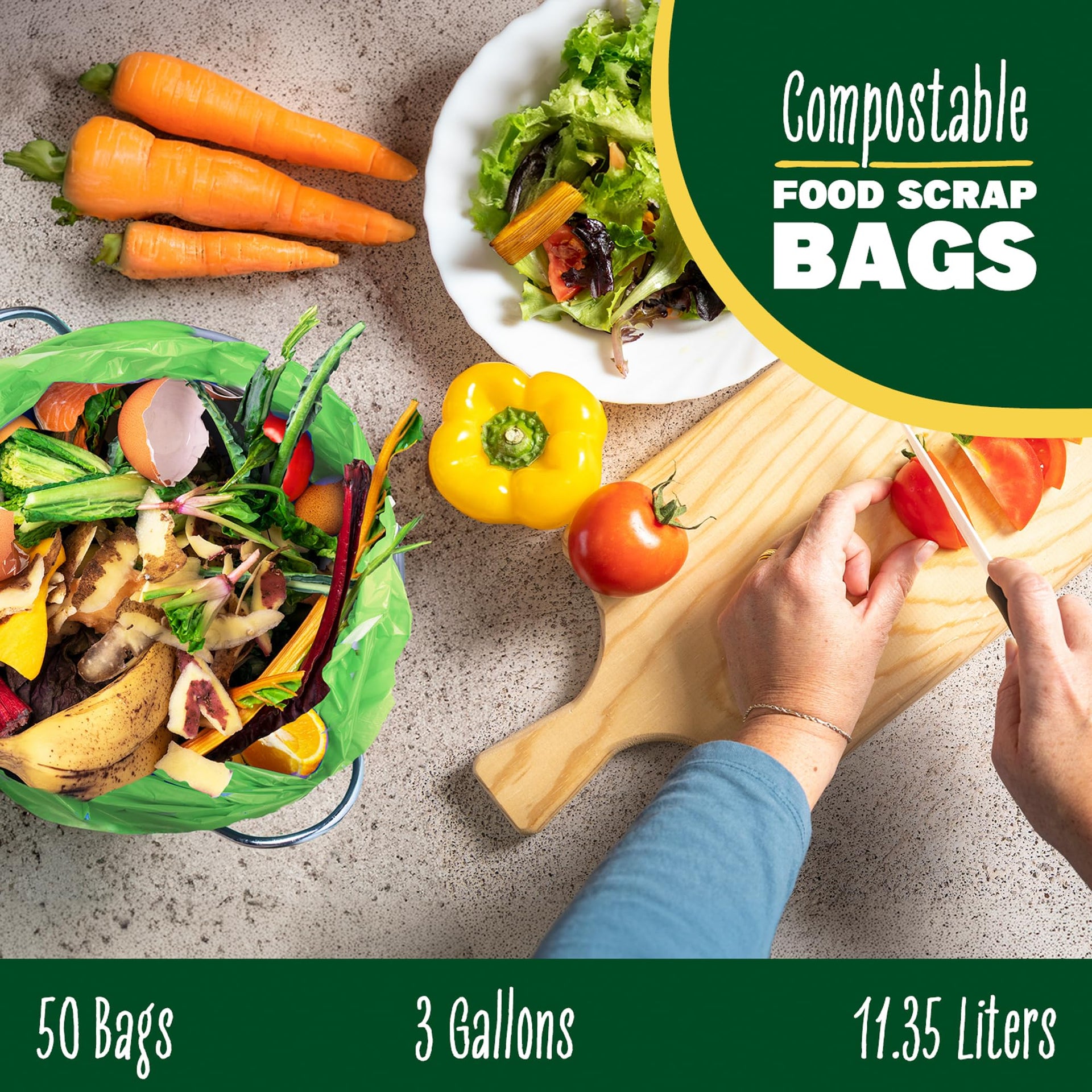 2.6 3 Gallon Compostable Trash Bags Drawstring 50 Bags Extra Thick 1 Mil 11.36 Liter Small Biodegradable Trash Bags for Kitchen Countertop Bin ASTM D6400 (50 Count)