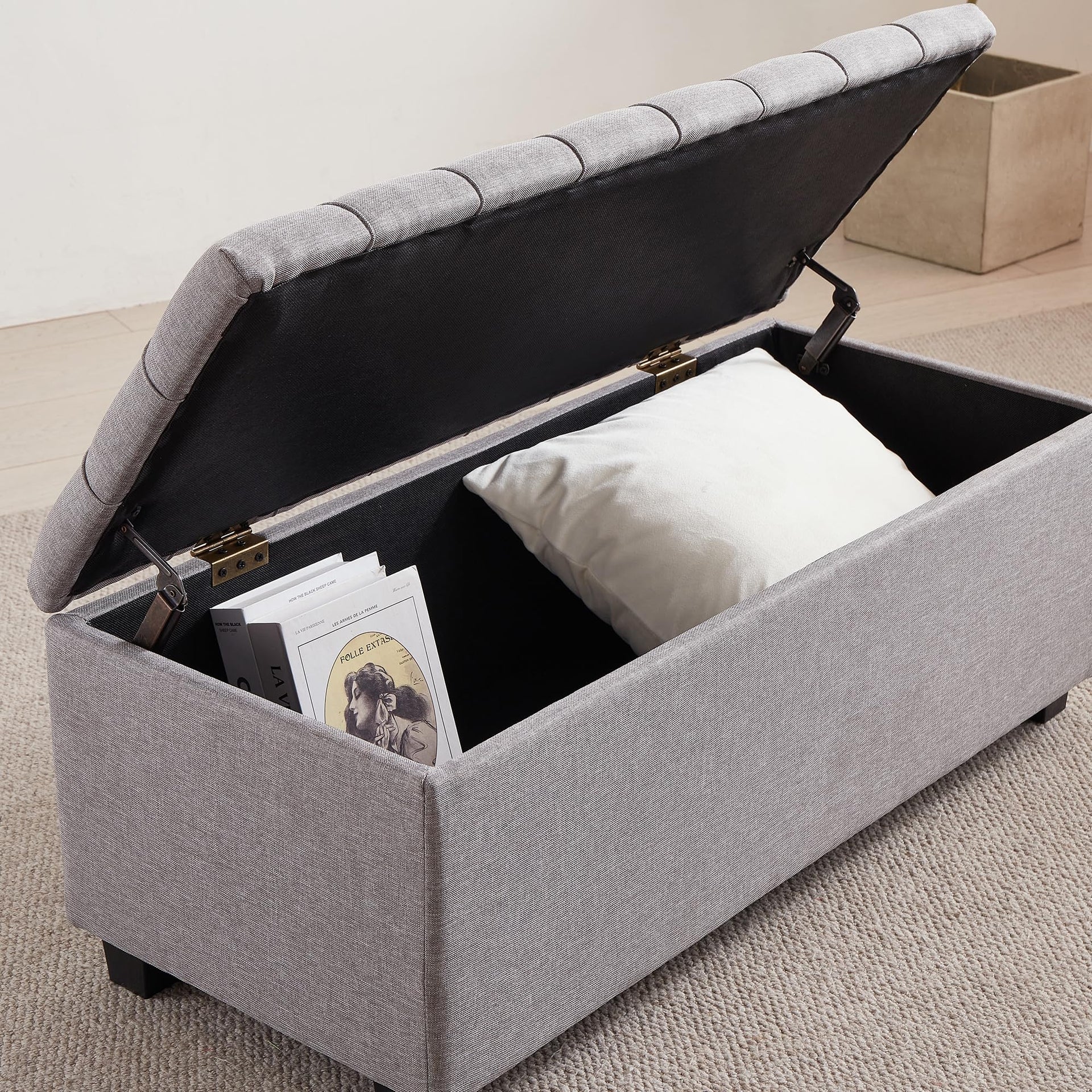 Large Soft Gray Fabric 38 Inch Storage Bench with Hinged Lid and Foot Rest