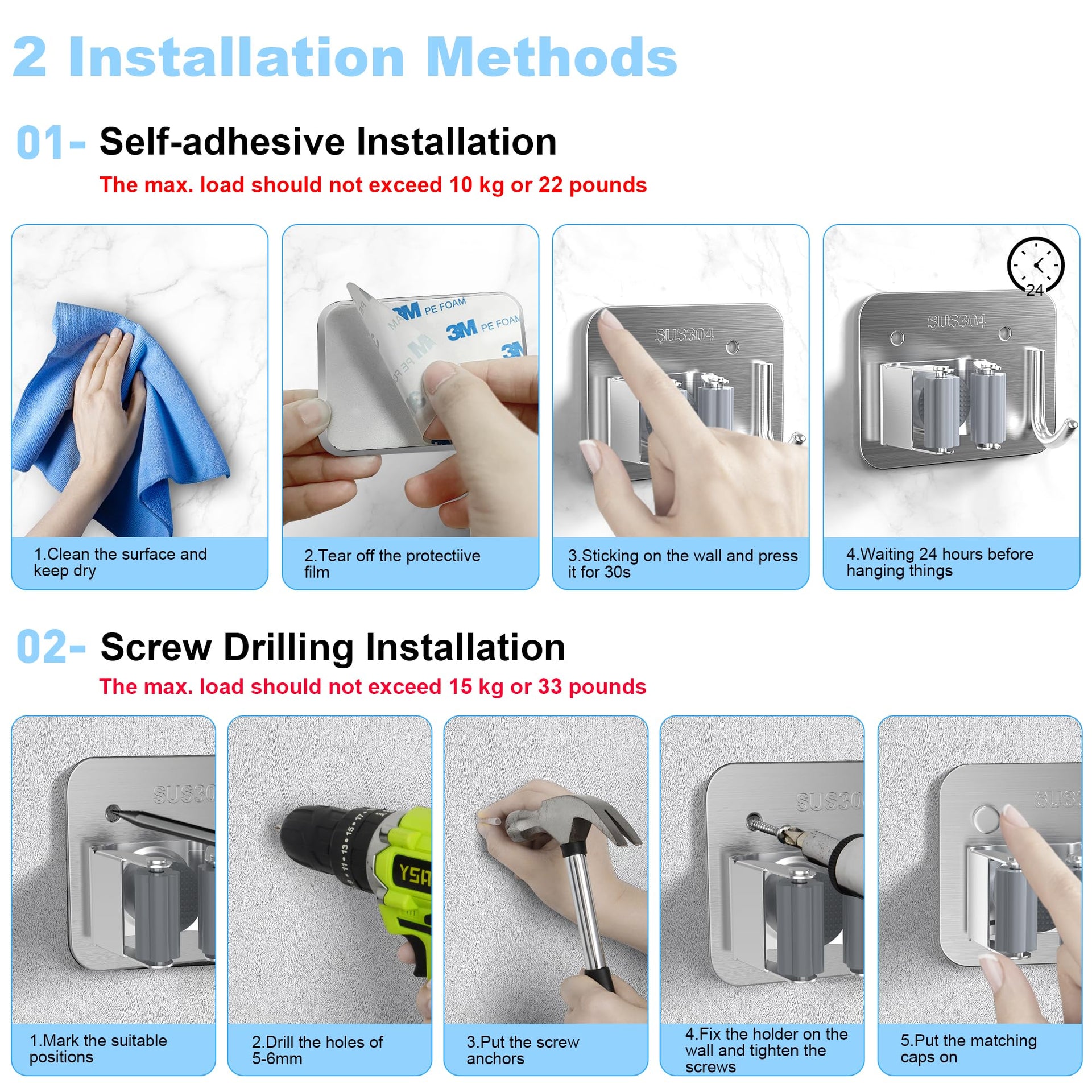 4 Pack Stainless Steel Mop and Broom Holder Wall Mount with Hook (4 Count)