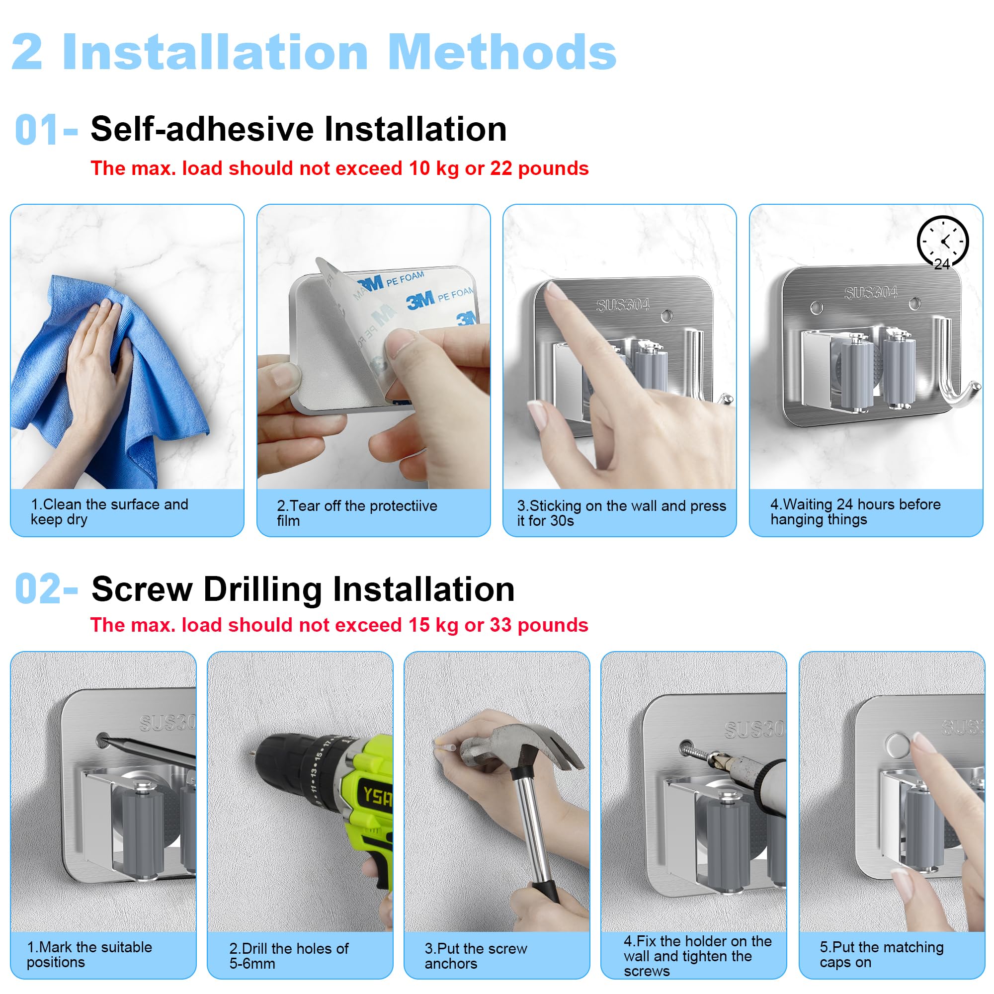 4 Pack Stainless Steel Mop and Broom Holder Wall Mount with Hook (4 Count)