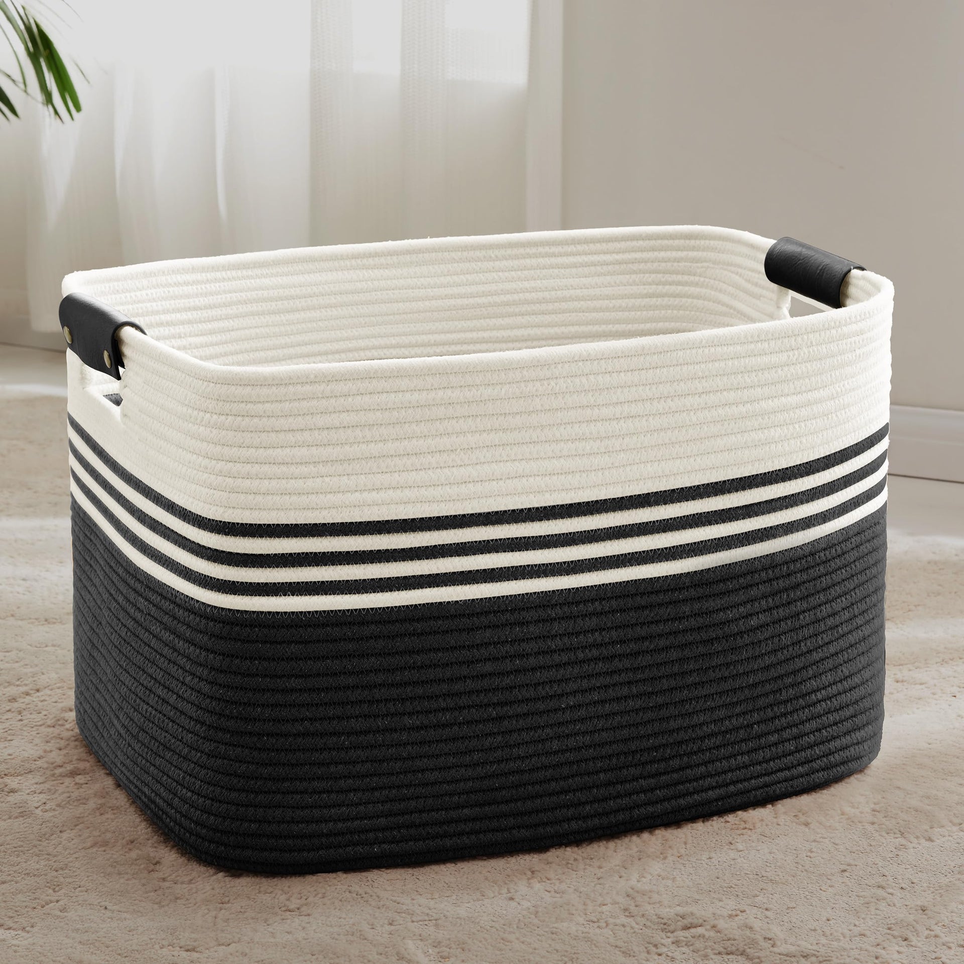 86L Large Woven Laundry Basket Hamper with Leather Handles - ModHome Supplies