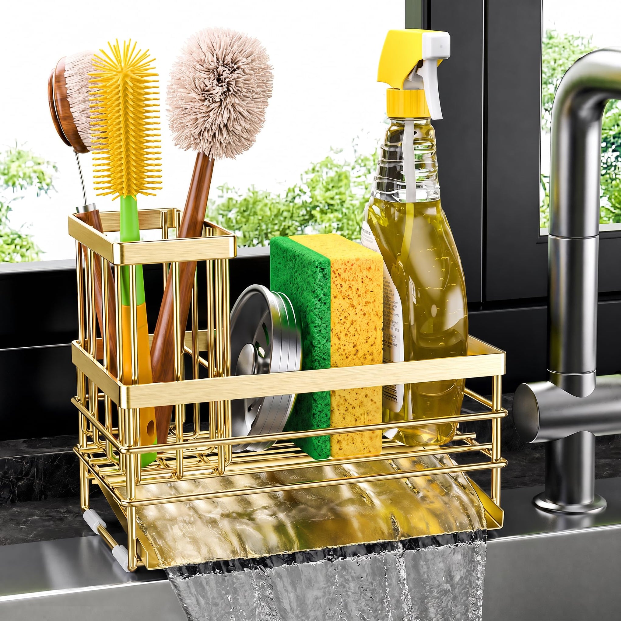 Gold Sink Caddy Sponge Holder for Kitchen with Brush Holder and Stainless Steel Self Drain Tray
