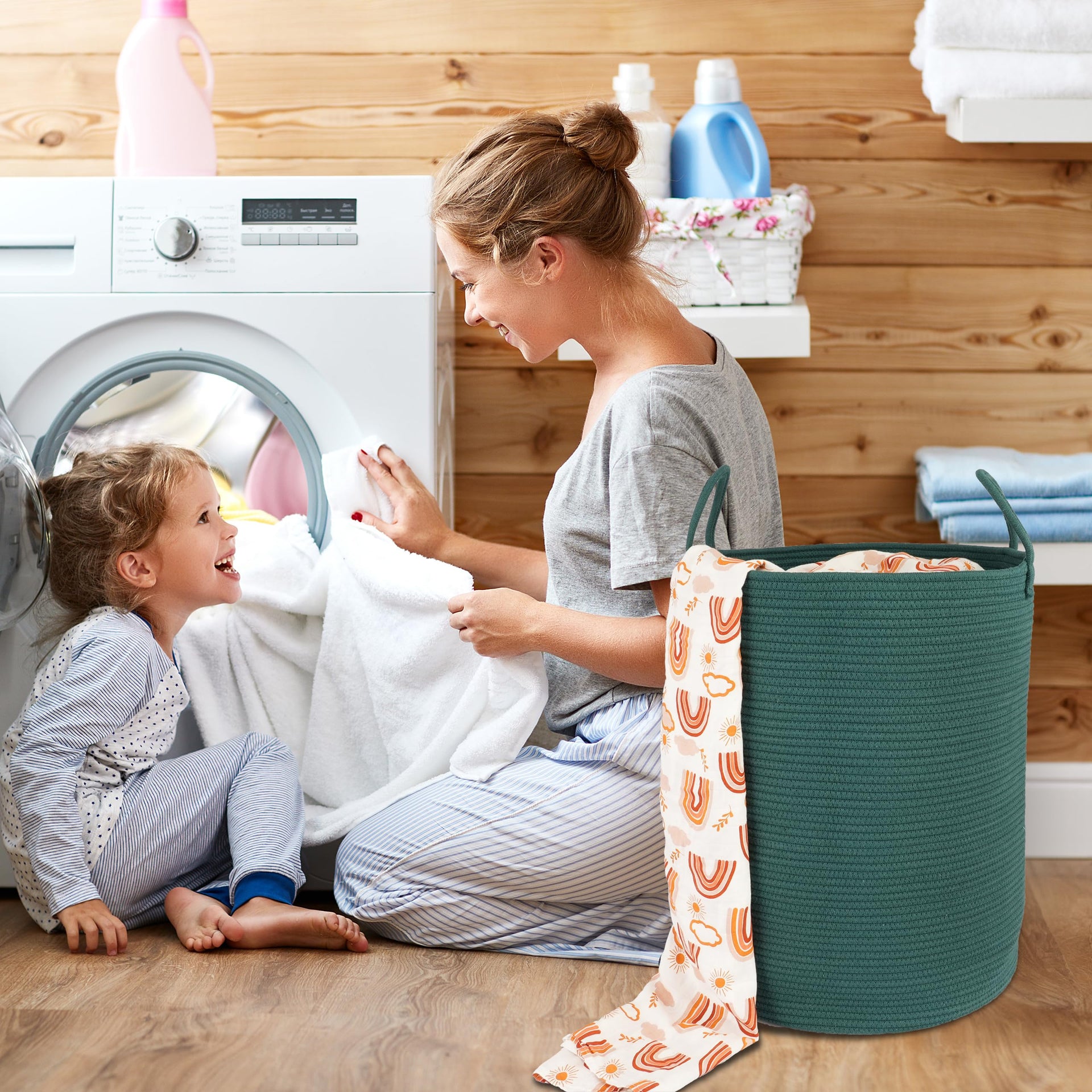 Cotton Rope Laundry Basket Hamper for Clothes Large Dark Green