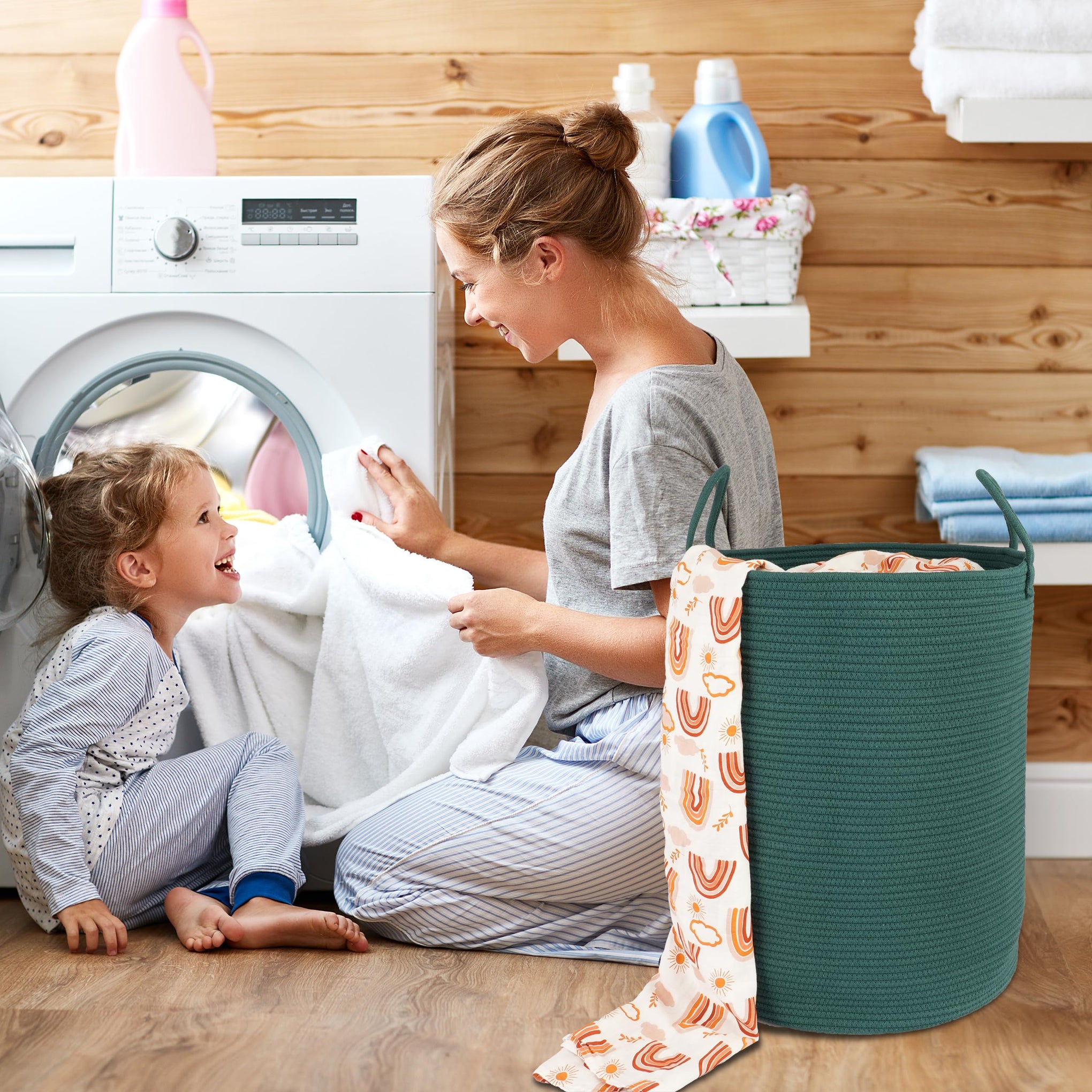 Cotton Rope Laundry Basket Hamper for Clothes Large Dark Green