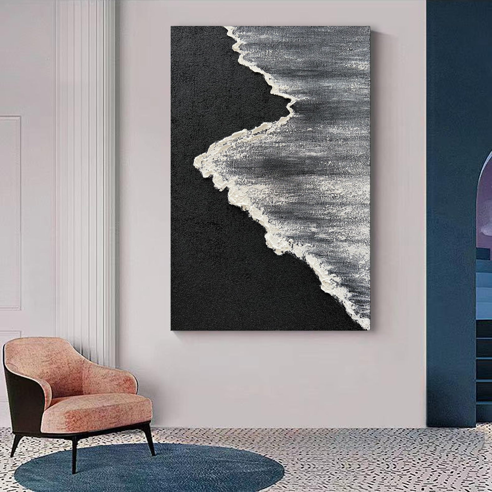 Art Hand Painted 3D Ocean Landscape Oil Painting Black and White Abstract Canvas Art Mural Family Wall Decoration Art 45x30 inches