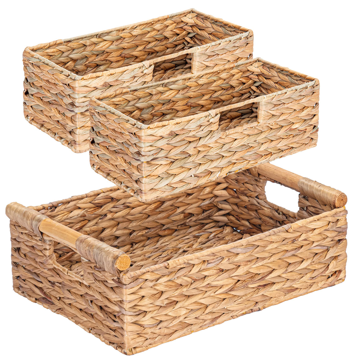 Large Water Hyacinth Storage Baskets for Organizing with Wooden Handles for Shelves (3 Count)