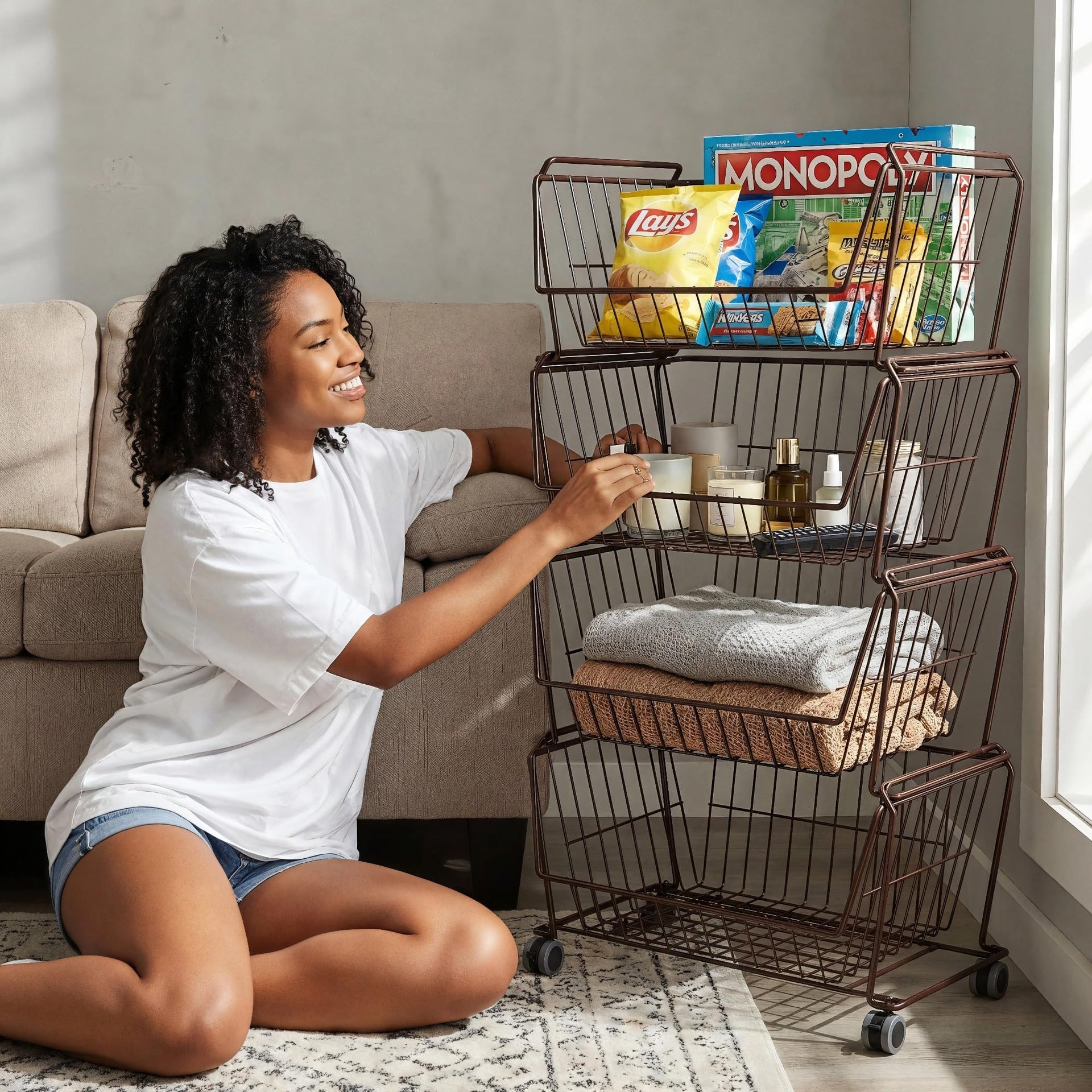 4 Tier Large Stackable Wire Storage Baskets with Wheels