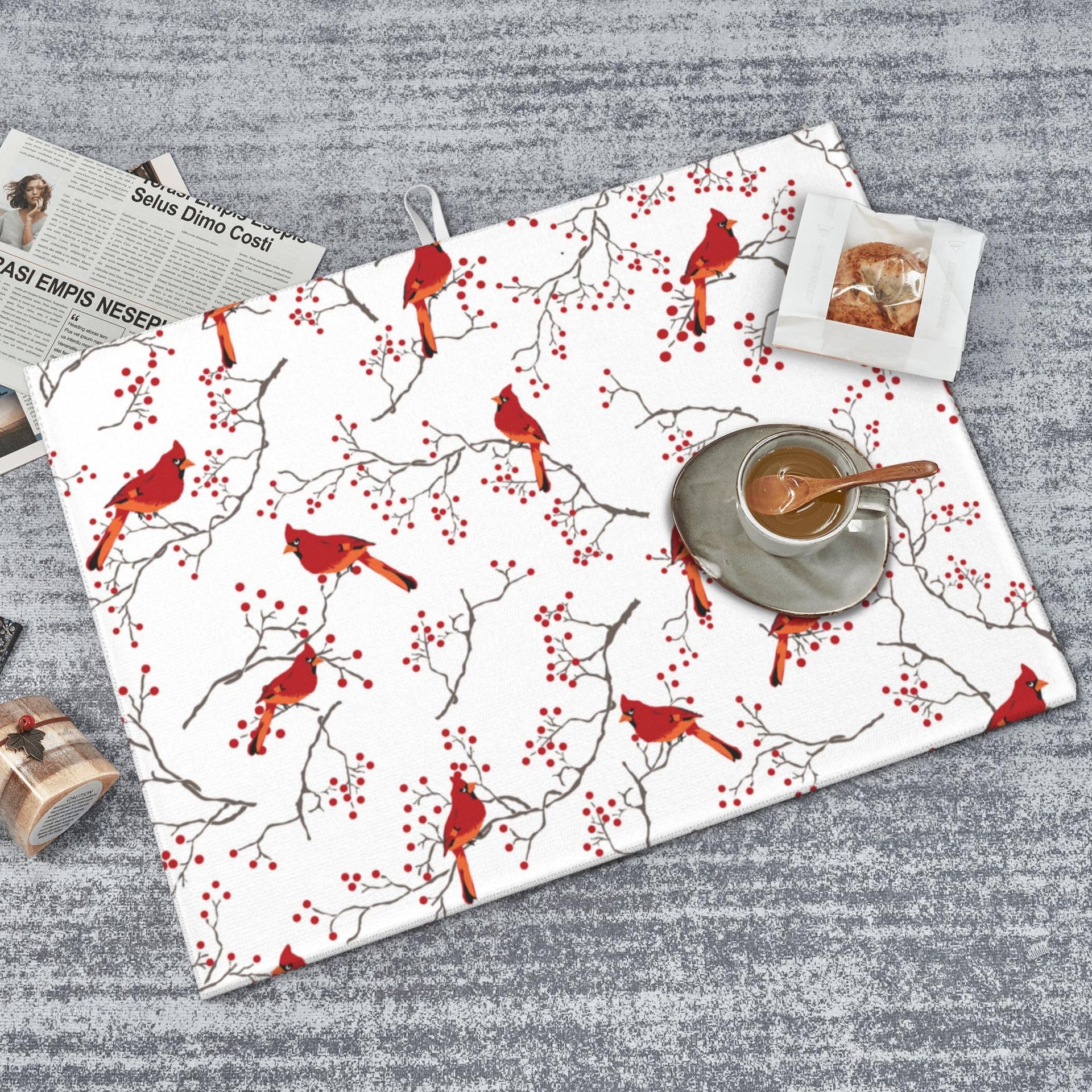 Cardinal Bird Red Berry Decor Microfiber Dish Drying Mat 18"x24"