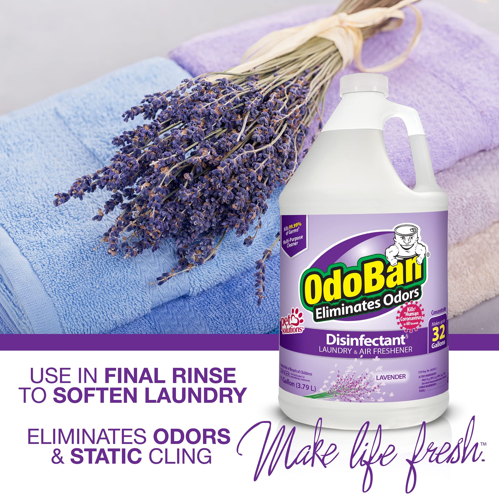Ready-to-Use Disinfectant and Harsh Aroma Eliminator, Set of 2, 14.6 Ounce 360-Degree Continuous Spray Fabric/Air Freshener and 1 Gallon Multi-Purpose Cleaning Concentrate, Lavender Scent (142.6 Fl Oz)