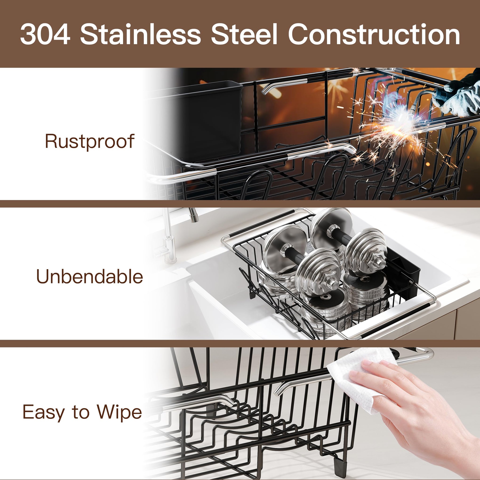 Over the Sink Expandable Dish Drainer Drying Rack In Stainless Steel for Small Kitchen