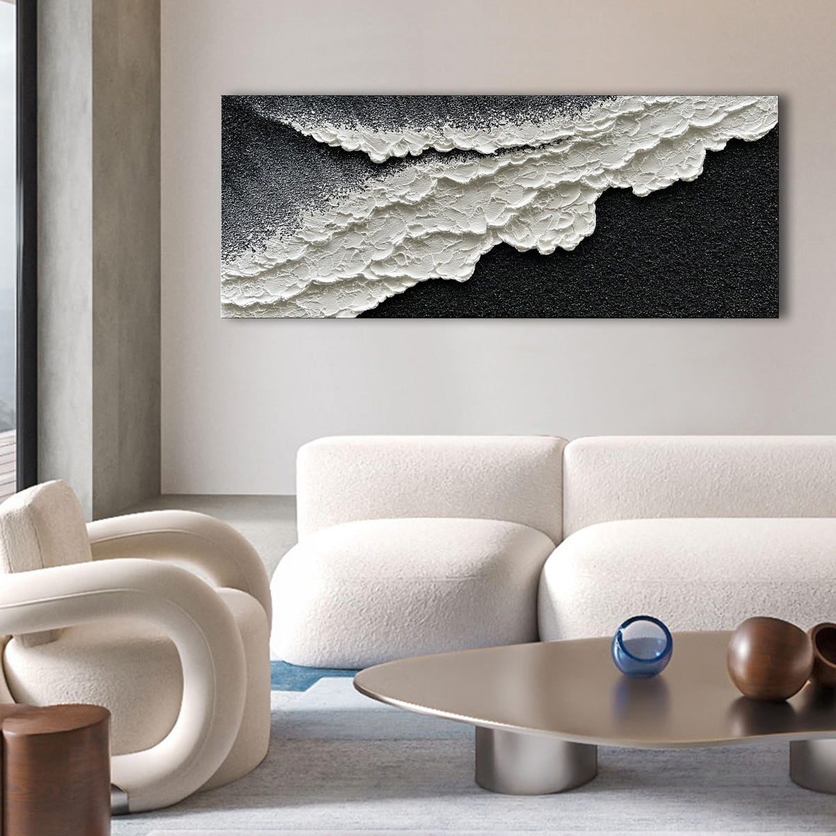 Hand Painted 3D Beach Wave Landscape Oil Painting Black and White Abstract Canvas Art Mural Family Wall Art Deco 24x60 inches