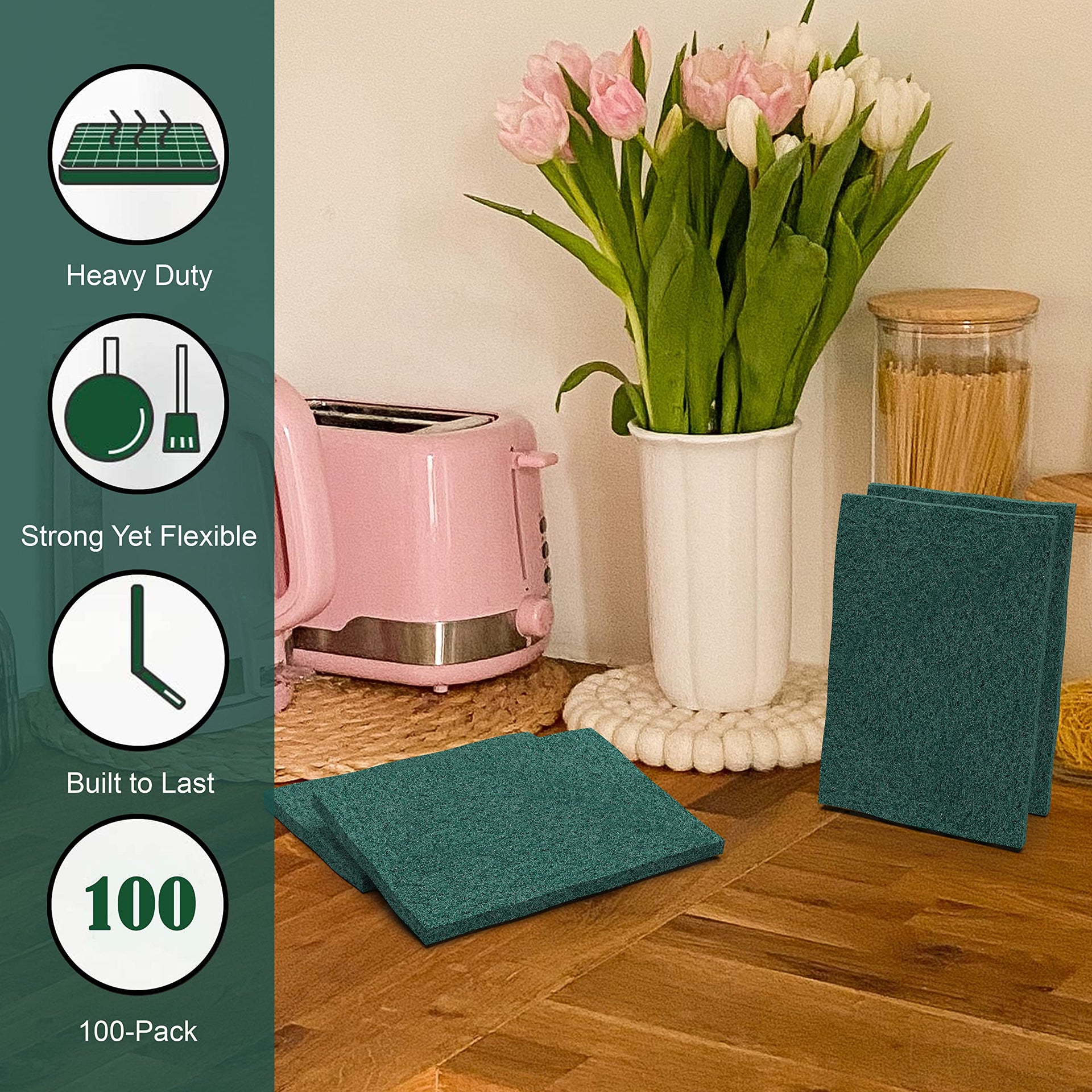 100 Pack Heavy Duty Green Scouring Pads 4x6 Inch