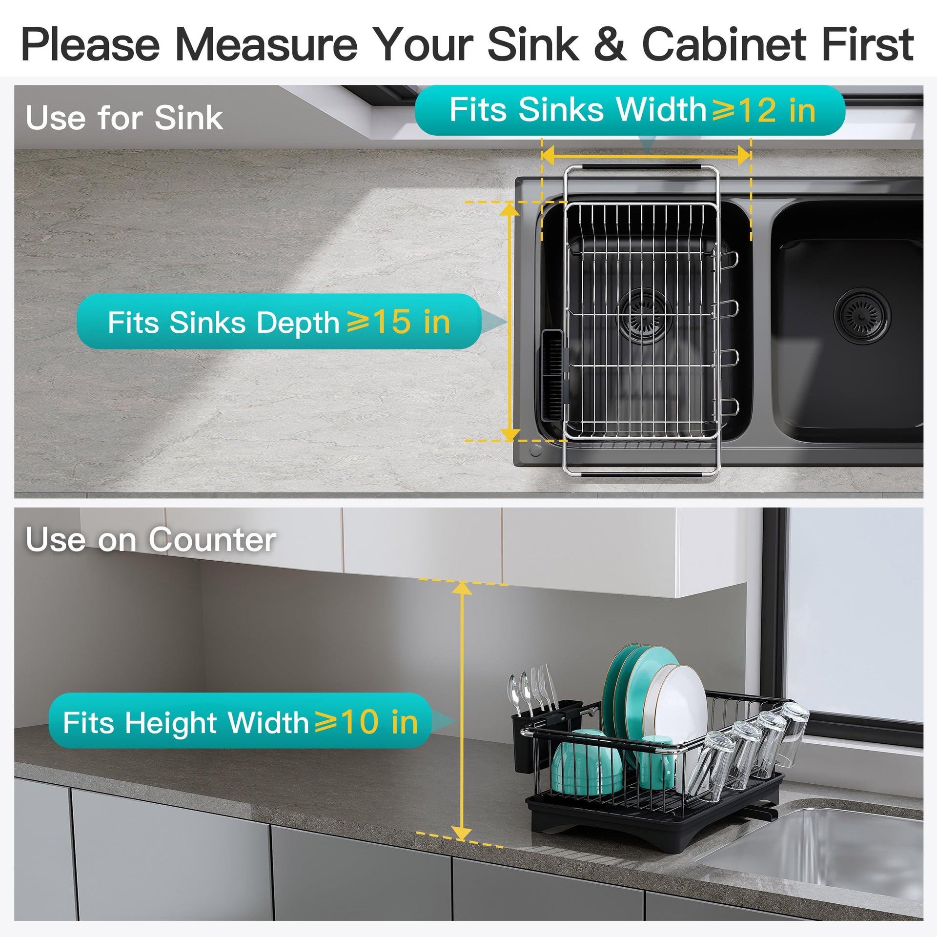 Black Dish Drying Rack in Sink with Drainboard and Utensil Holder