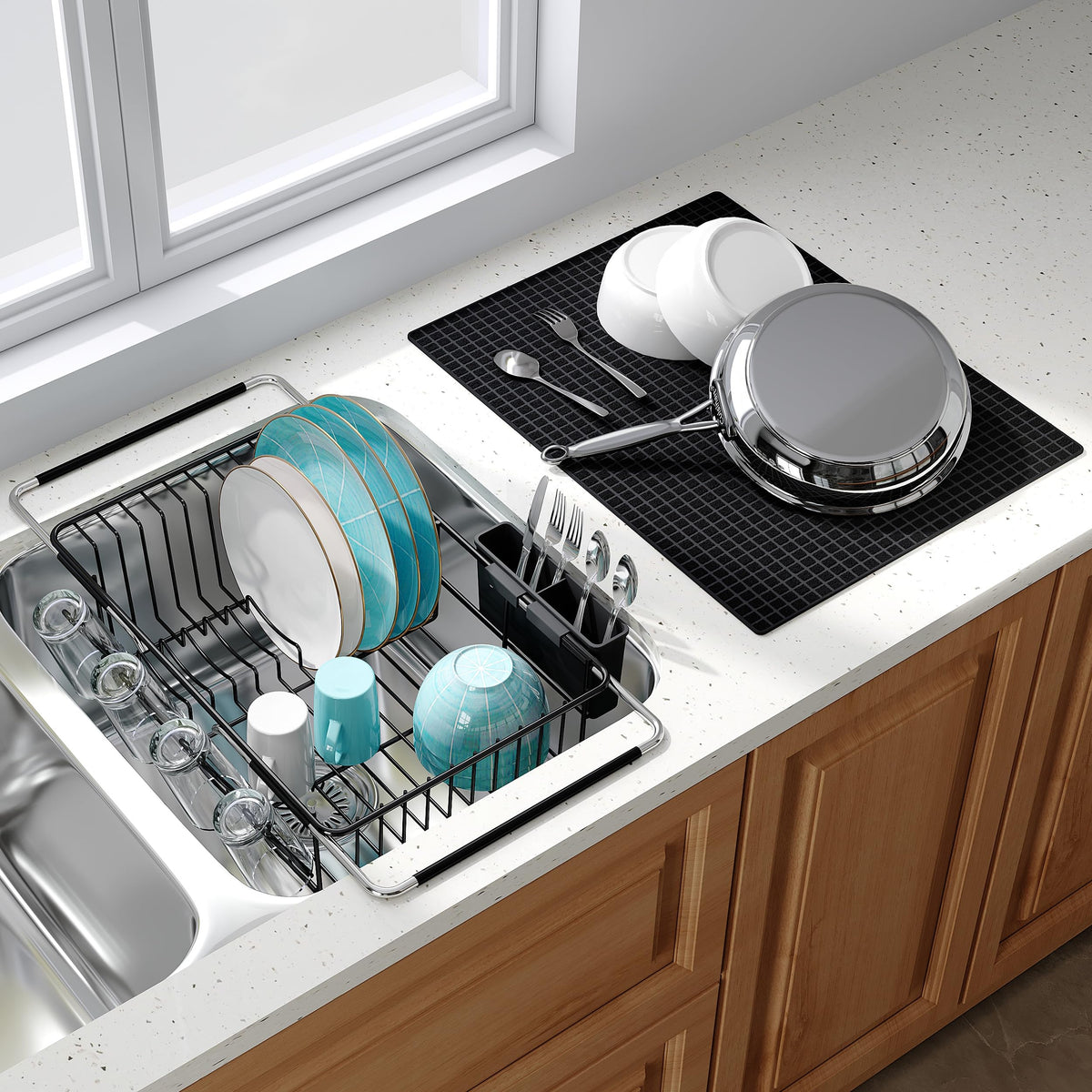 Black Dish Drying Rack in Sink with Mat