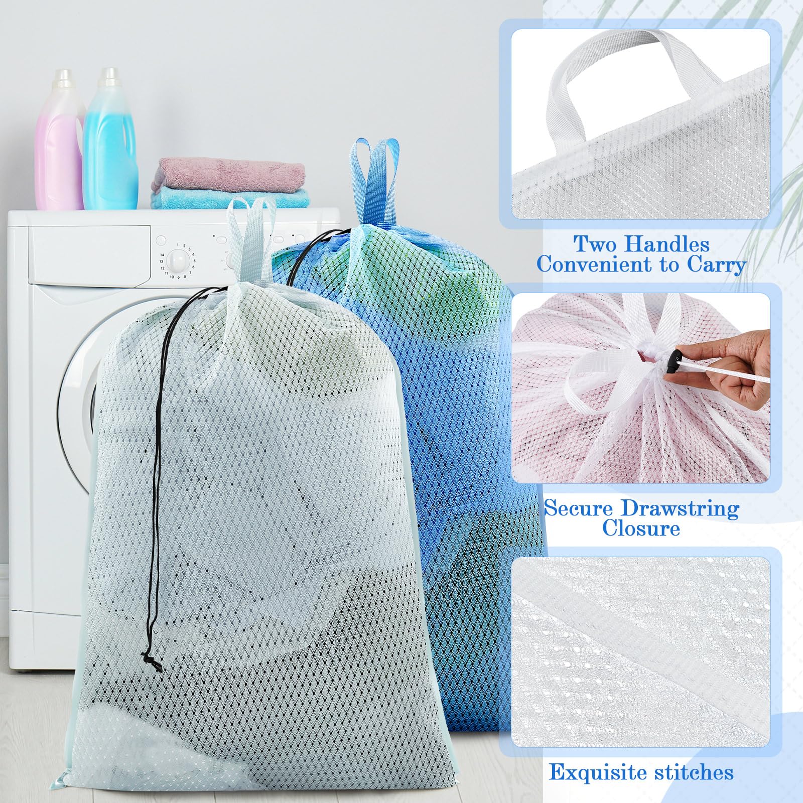 6 Pack 24 x 36 Inches Blue Soft Mesh Laundry Bag with Handles Machine Washable Secure Drawstring Closure Large Sturdy Mesh Net Laundry for College Travel Dorm Laundromat (6 Count)