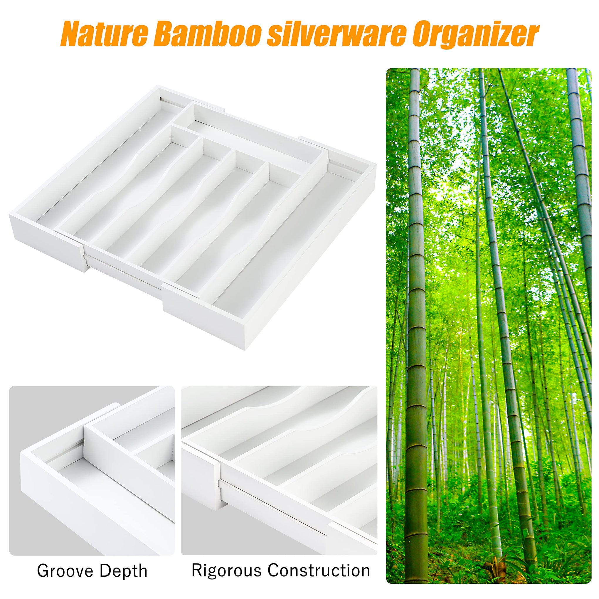 White Silverware Organizer Kitchen Drawer Organizer Expandable Bamboo Utensil Holder Cutlery Tray for Kitchen Utensil and Flatware Bedroom Office