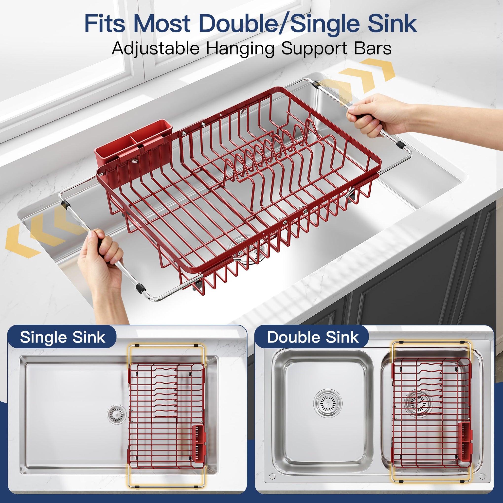 Red Dish Drying Rack Over the Sink with Utensil Holder