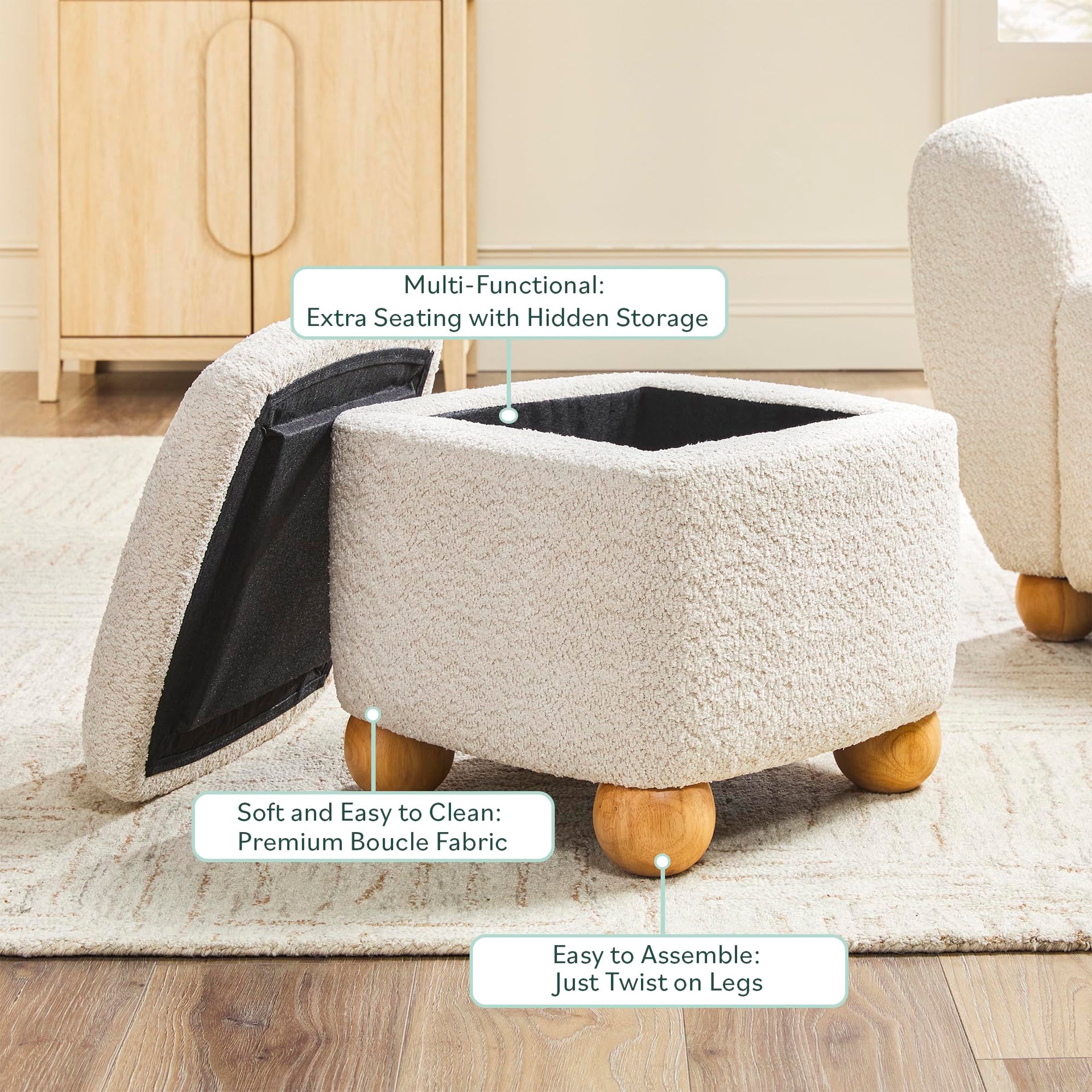 Linley Contemporary Small Storage Bouclé Ottoman with Wood Legs