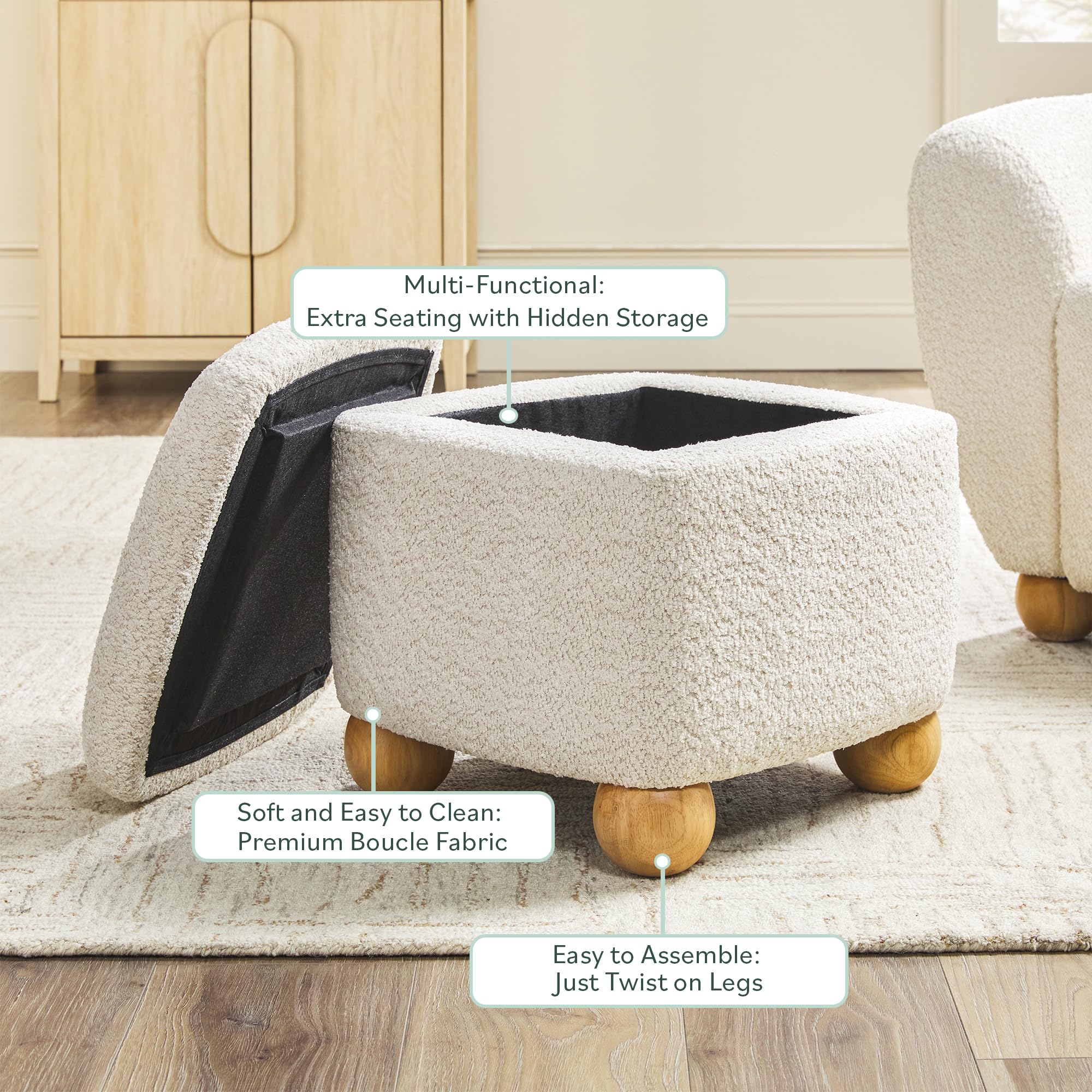 Linley Contemporary Small Storage Bouclé Ottoman with Wood Legs