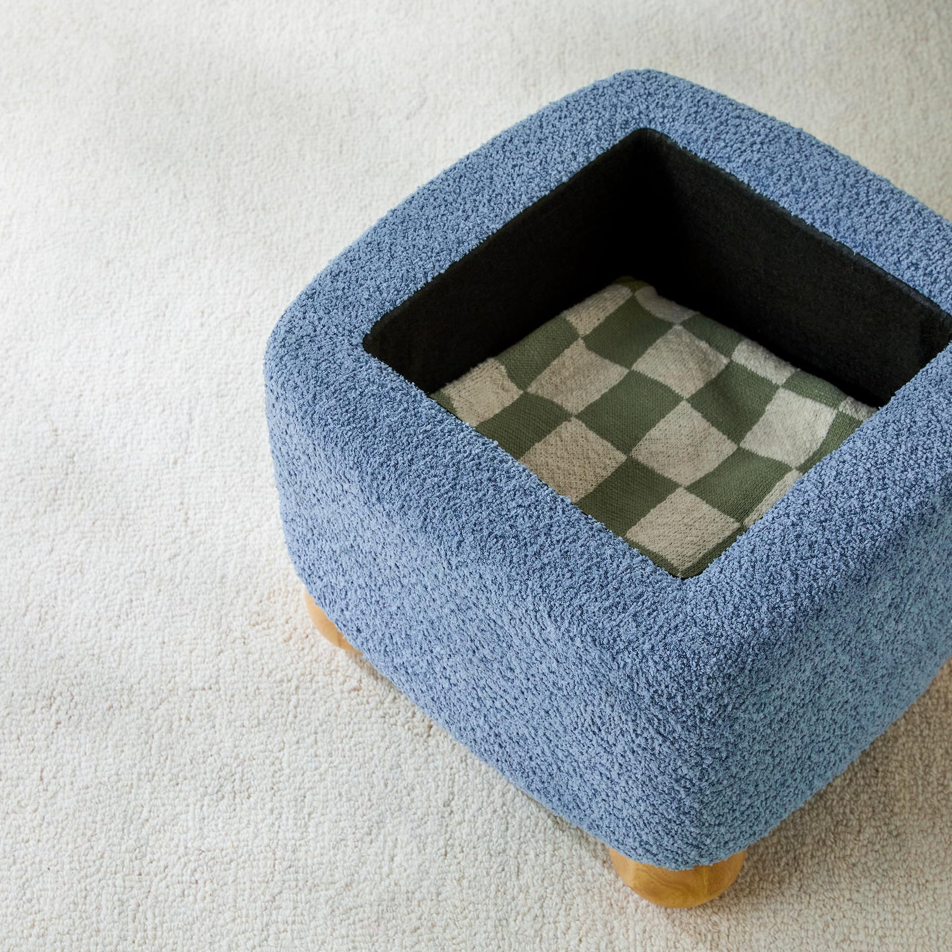Linley Contemporary Small Storage Bouclé Ottoman with Wood Legs