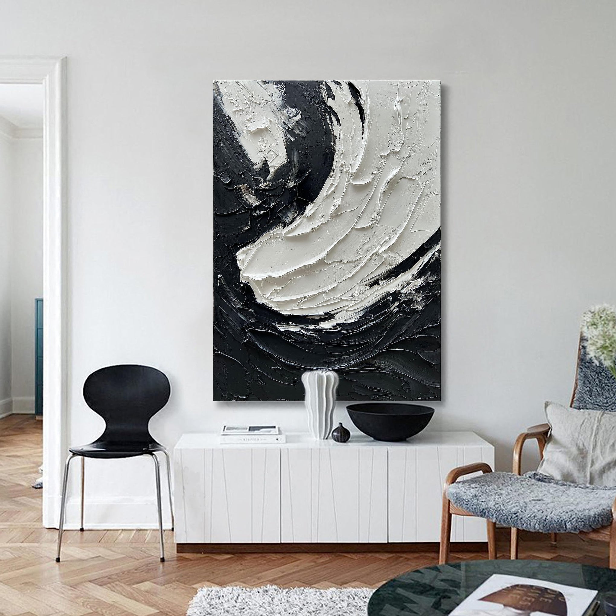 Art Minimalist Style Black and White Abstract Oil Painting. Pure Hand