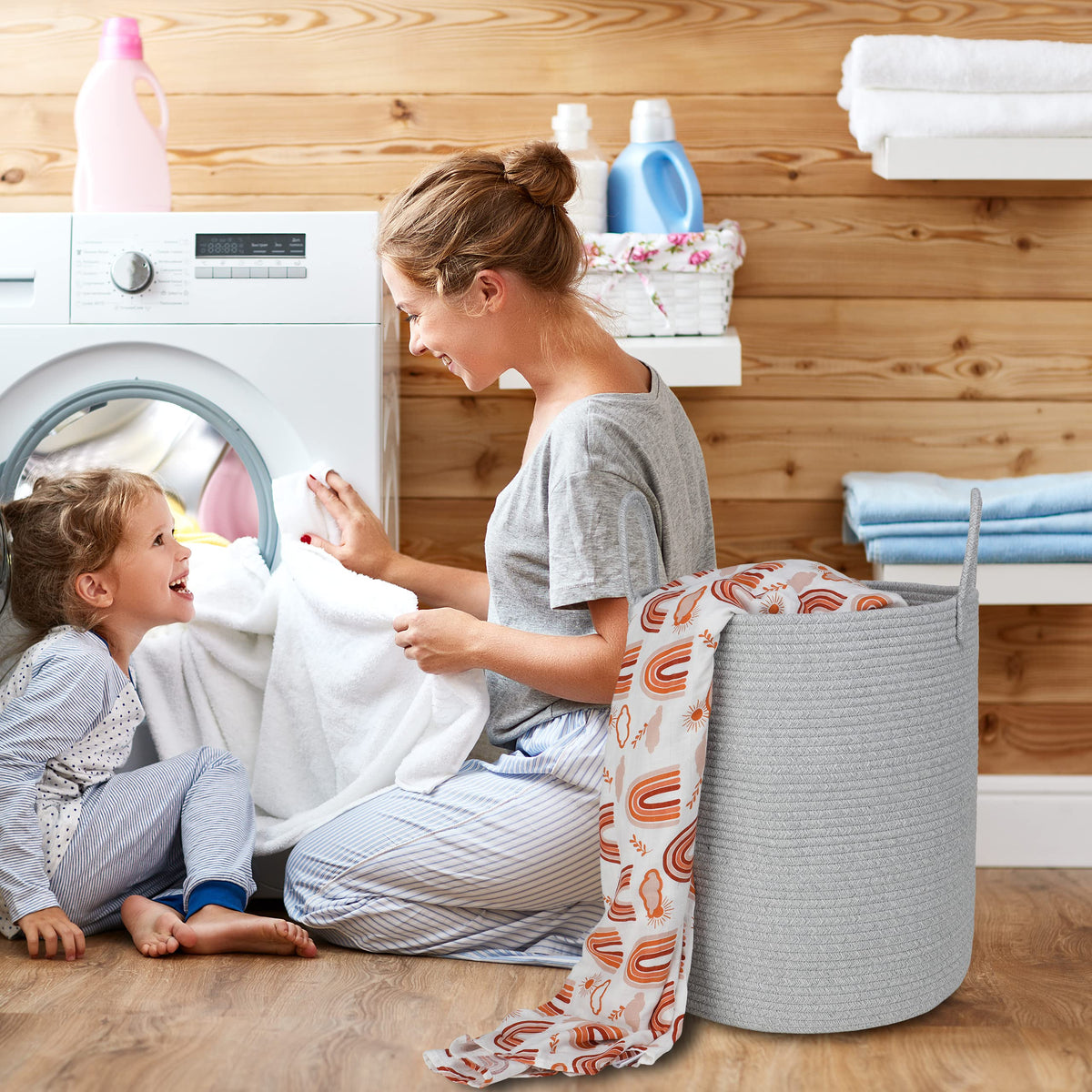 Cotton Rope Laundry Basket Hamper for Clothes Large Light Grey