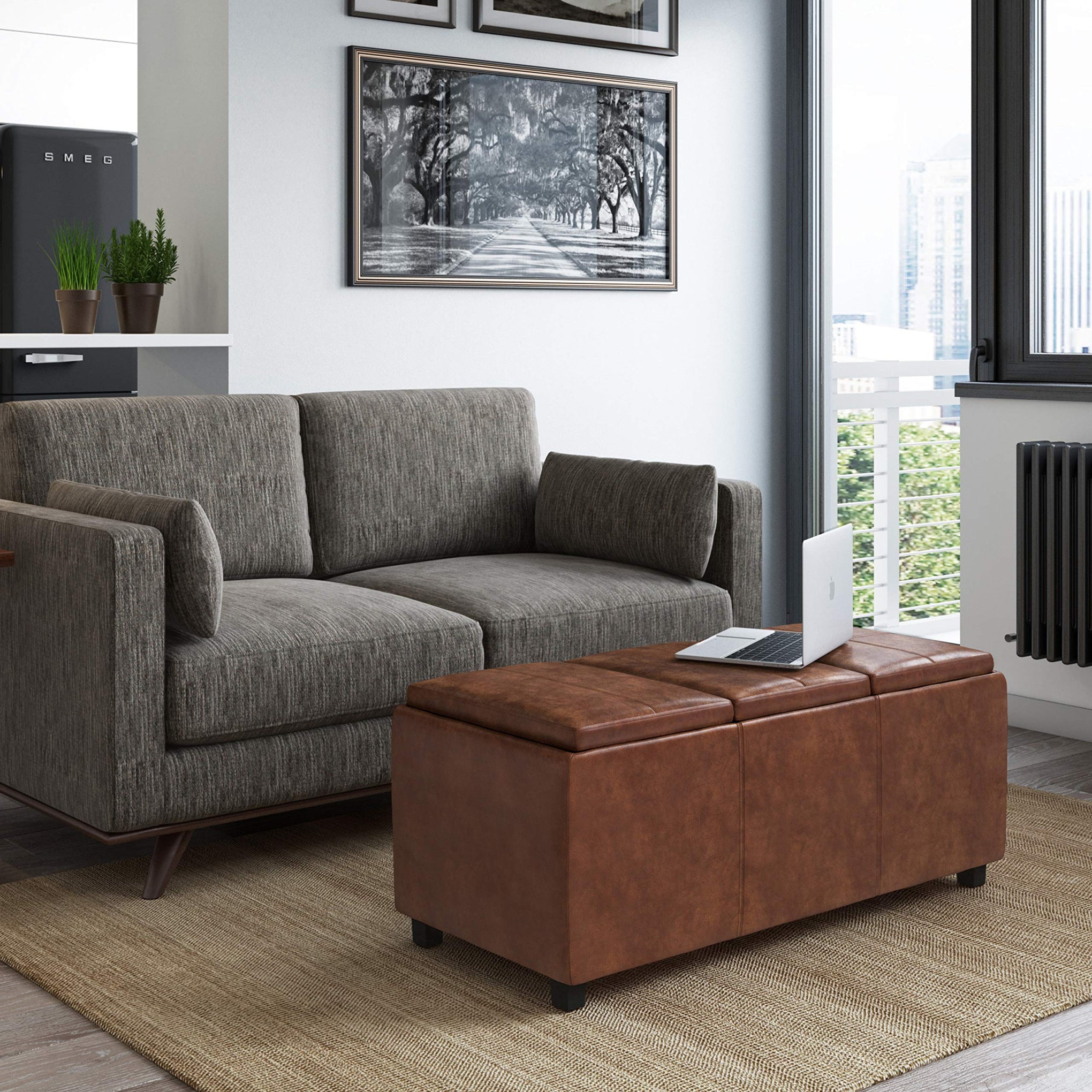 Avalon 42" Wide Vegan Leather Storage Ottoman in Saddle Brown