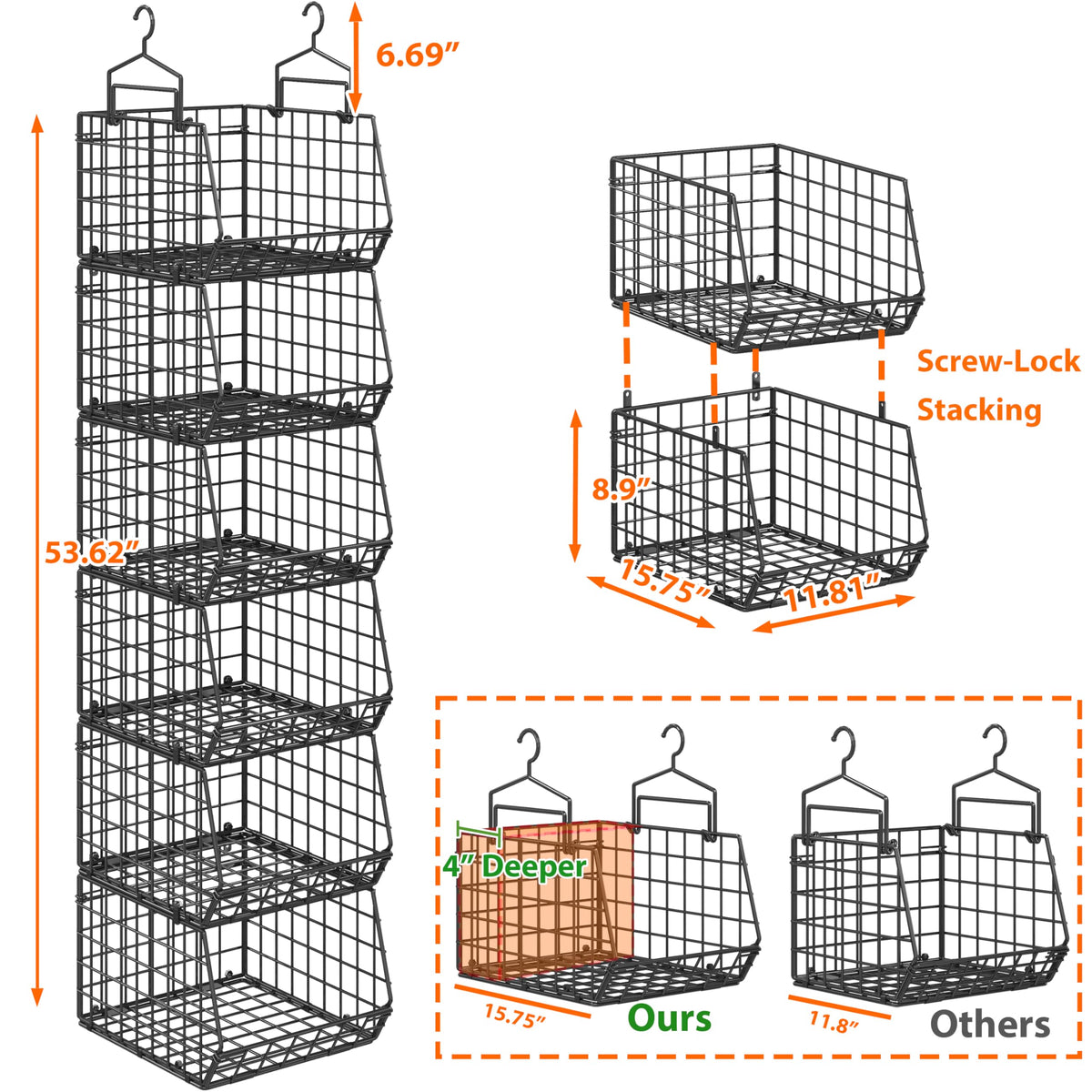 6 Tier Extended Depth Hanging Closet Organizers and Storage for Closet Organization (6 Count)