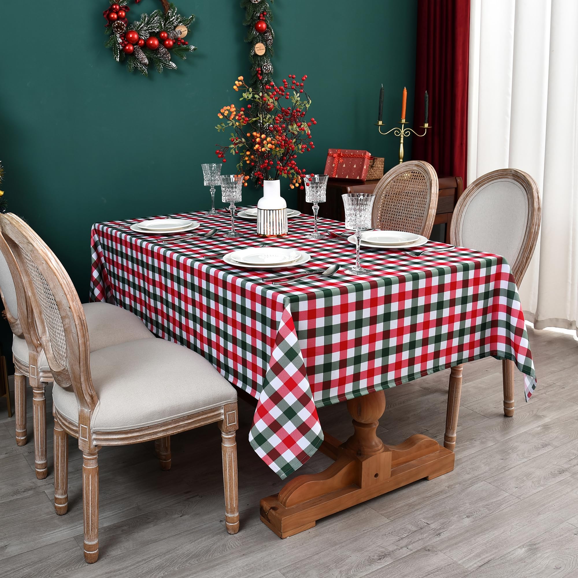 Red Waterproof Plaid Christmas Tablecloth Fabric