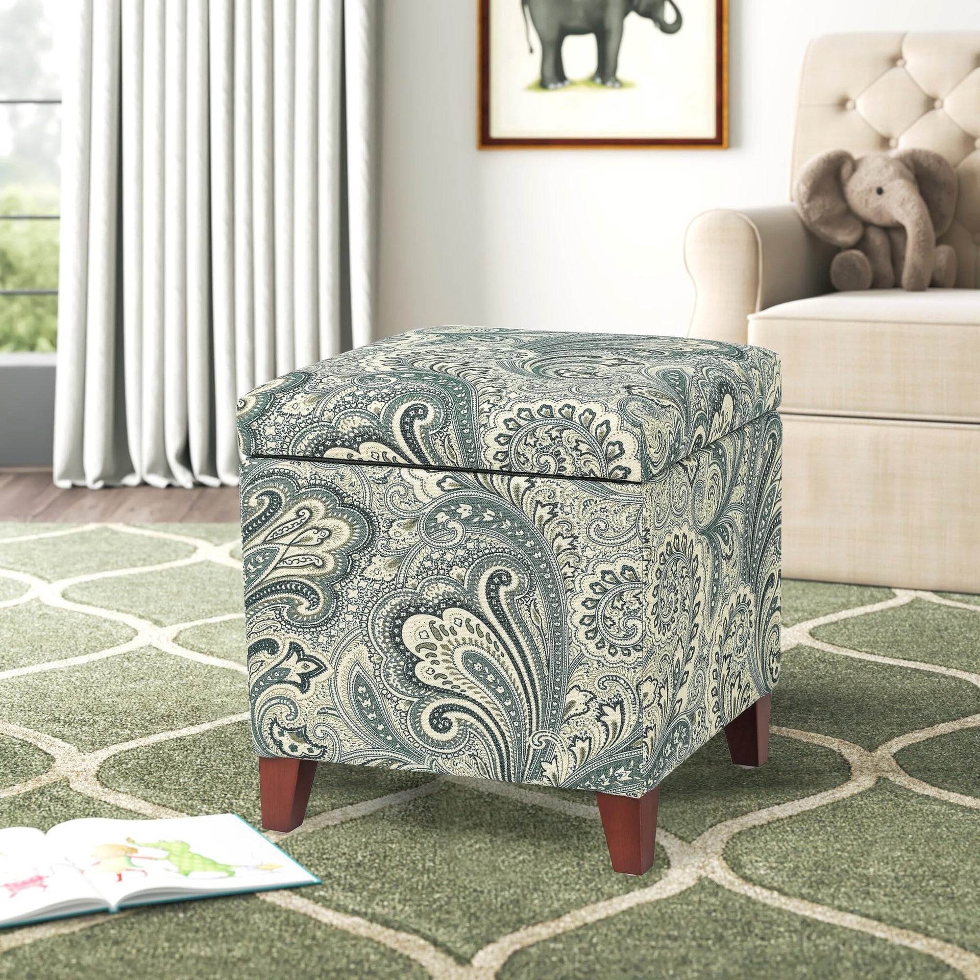 18" Cube Storage Ottoman in Blue Paisley