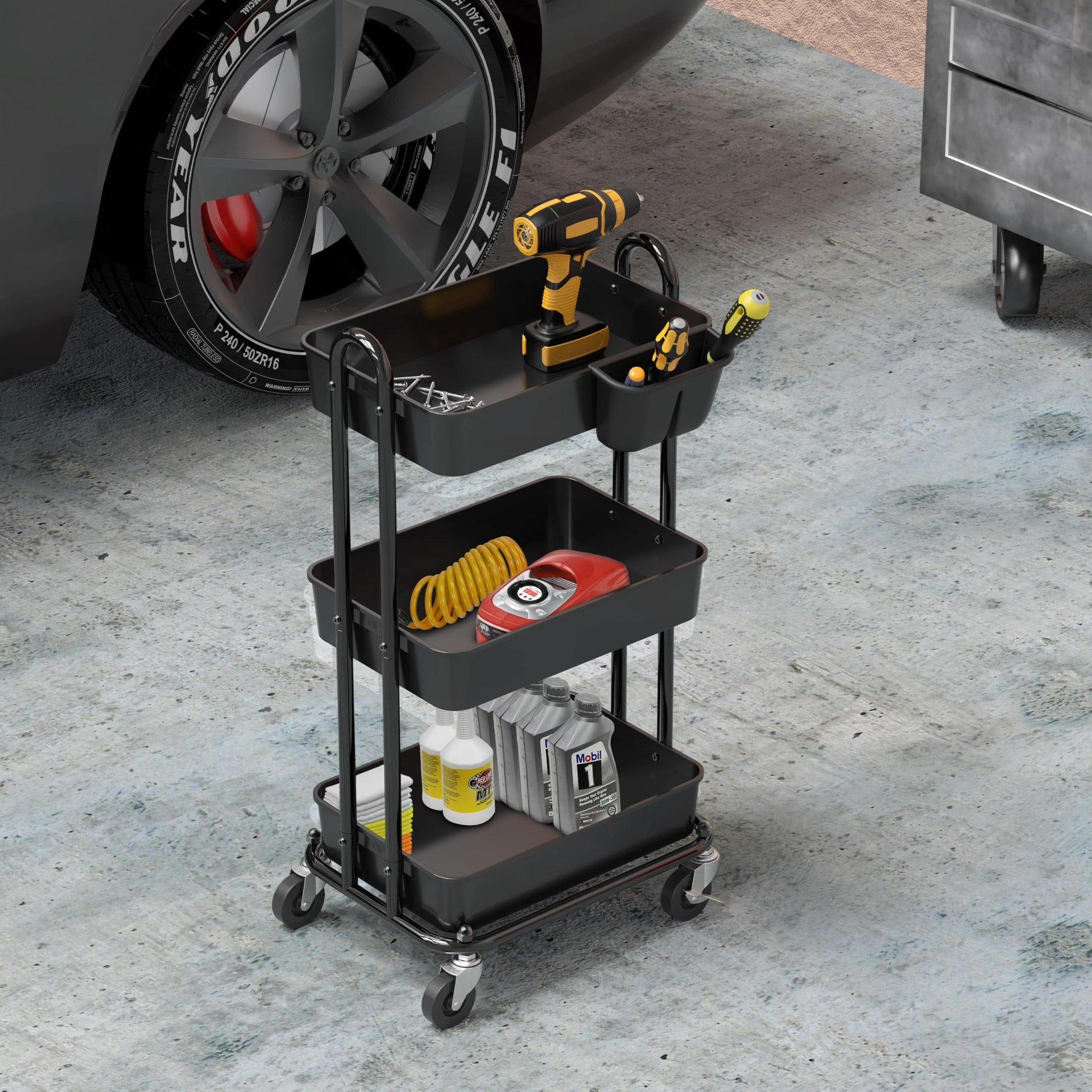 3 Tier Rolling Utility Cart with Hanging Bucket (24 Count)