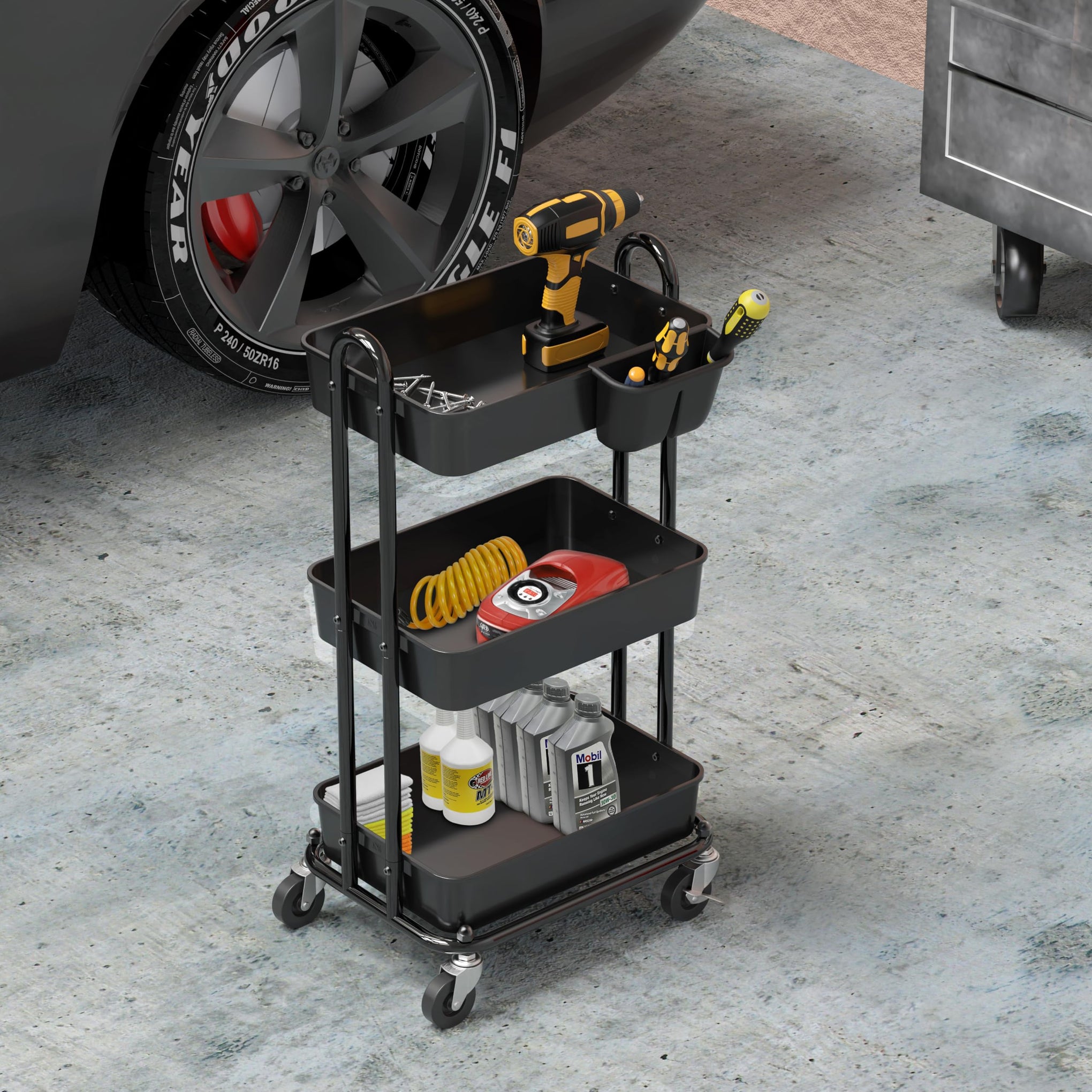 3 Tier Rolling Utility Cart with Hanging Bucket (24 Count)