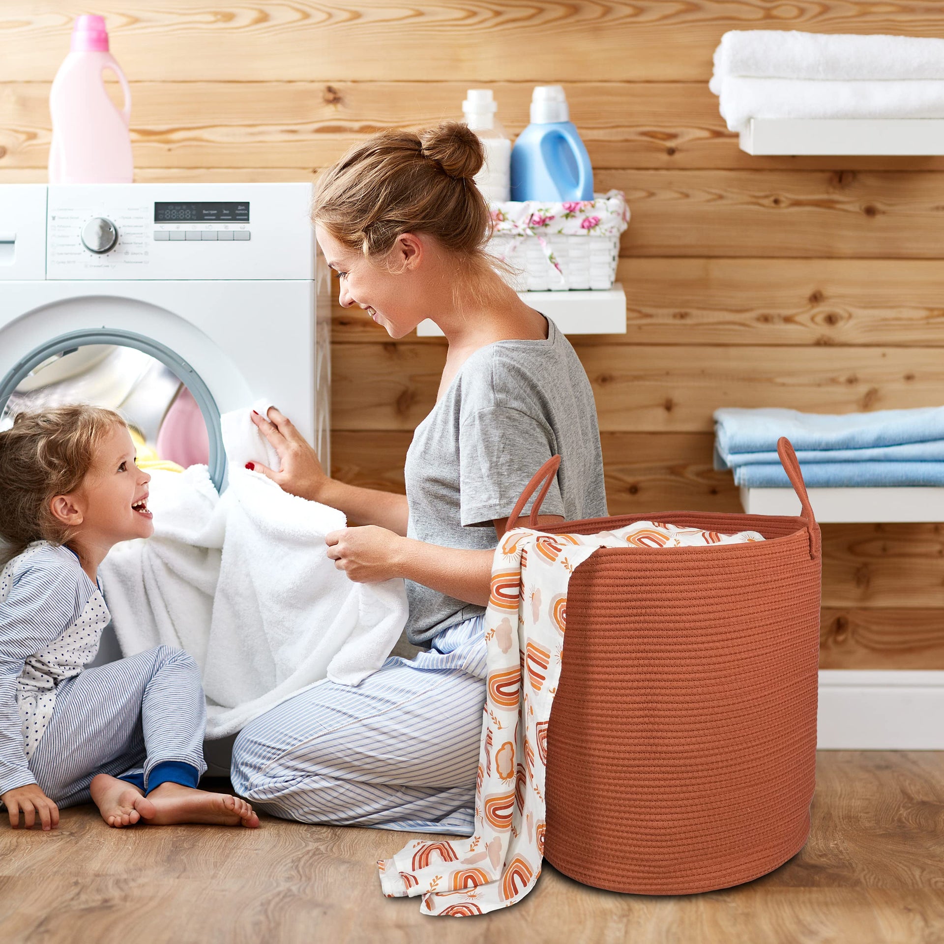 Cotton Rope Laundry Basket Hamper for Clothes Large Rust Red