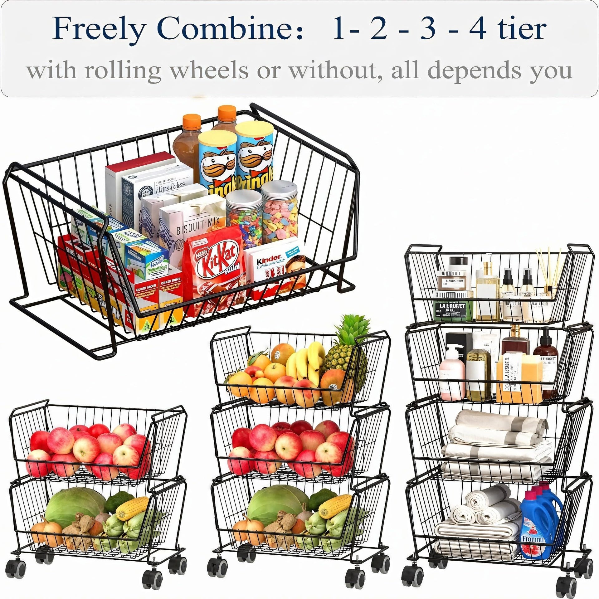 4 Tier Large Stackable Wire Storage Baskets with Wheels